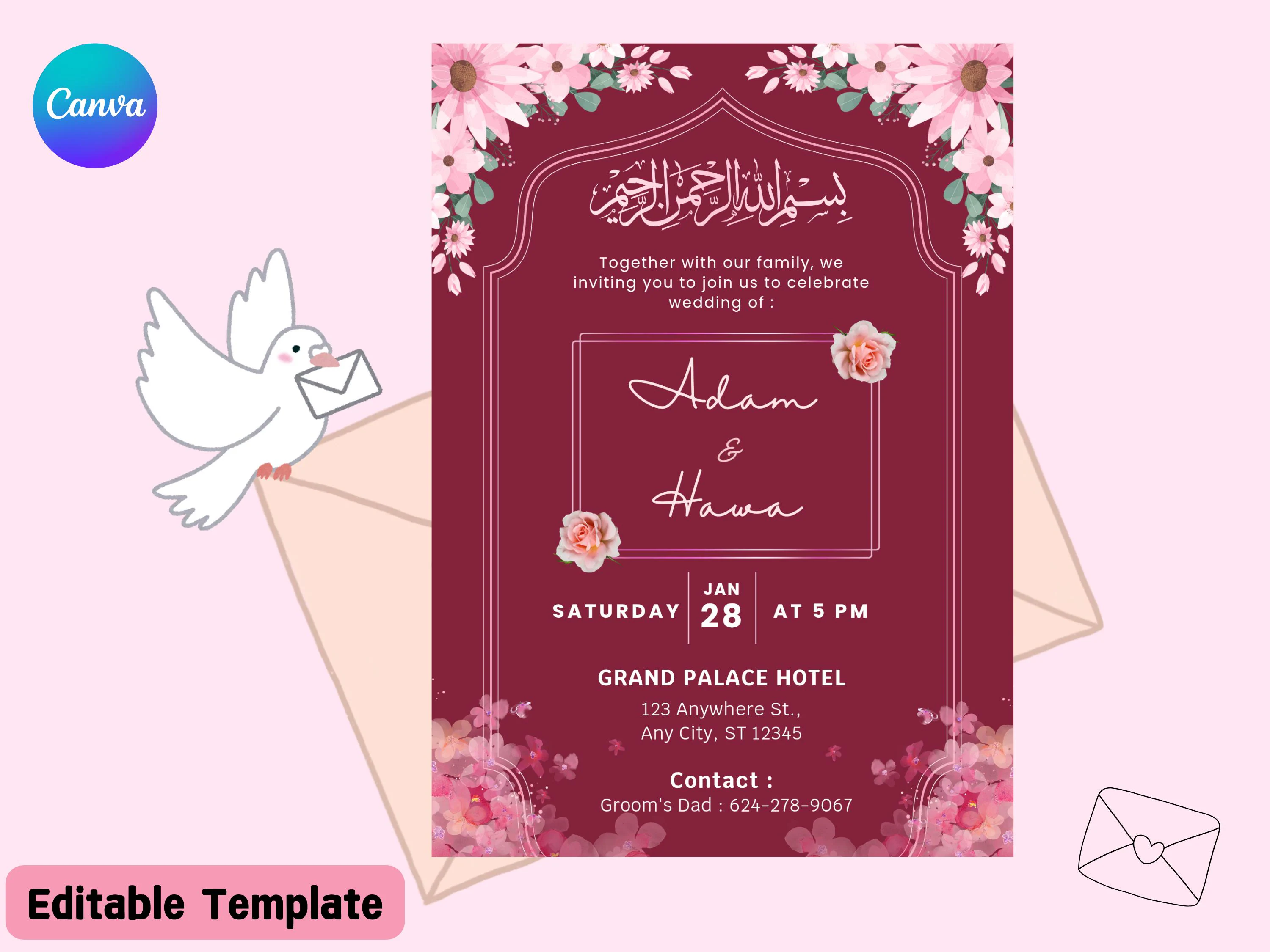 Muslim Wedding Invitation, Islamic Nikah Invitation Template, Burgundy Pink Floral Muslim Wedding Invite, Digital Muslim Wedding Invitation