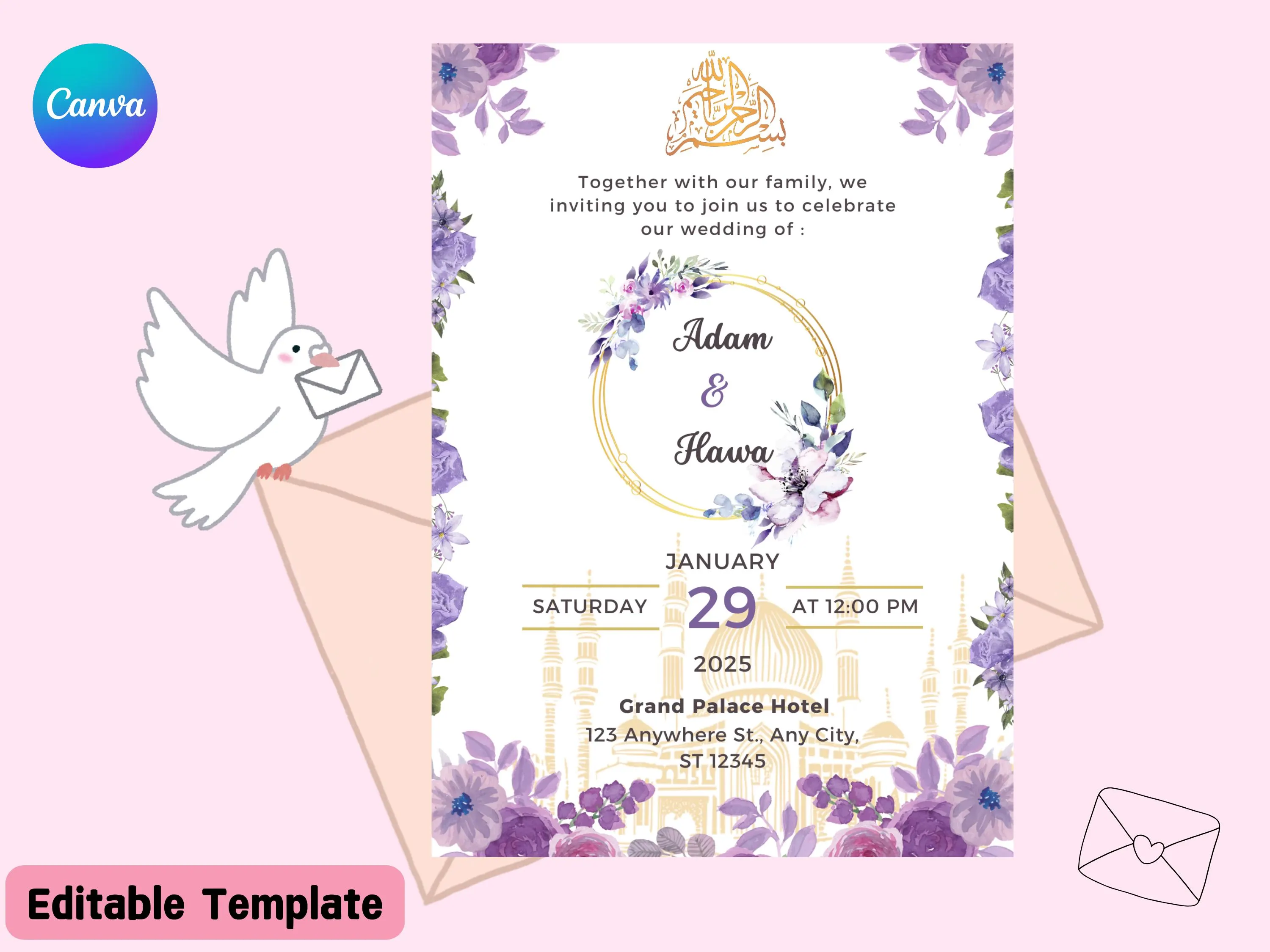 Wedding Invitation Muslim, Islamic Nikah Invitation Template, Purple Gold Aesthetic Muslim Wedding Invite,Digital Muslim Wedding Invitation