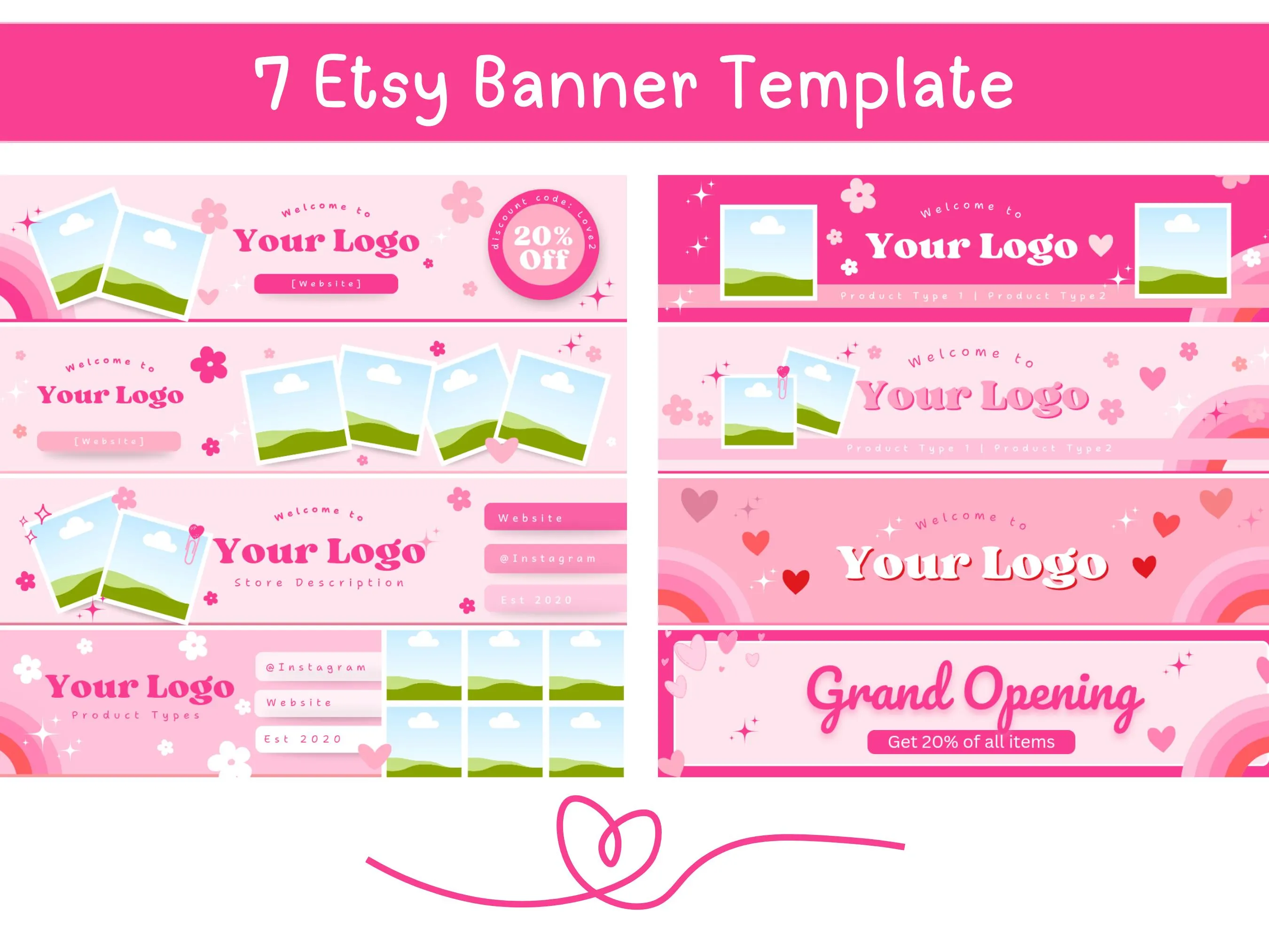 Pink Etsy Shop Branding Bundle | Canva Templates for Etsy Sellers | Banners, Listing Templates, Icons & Thank You Cards