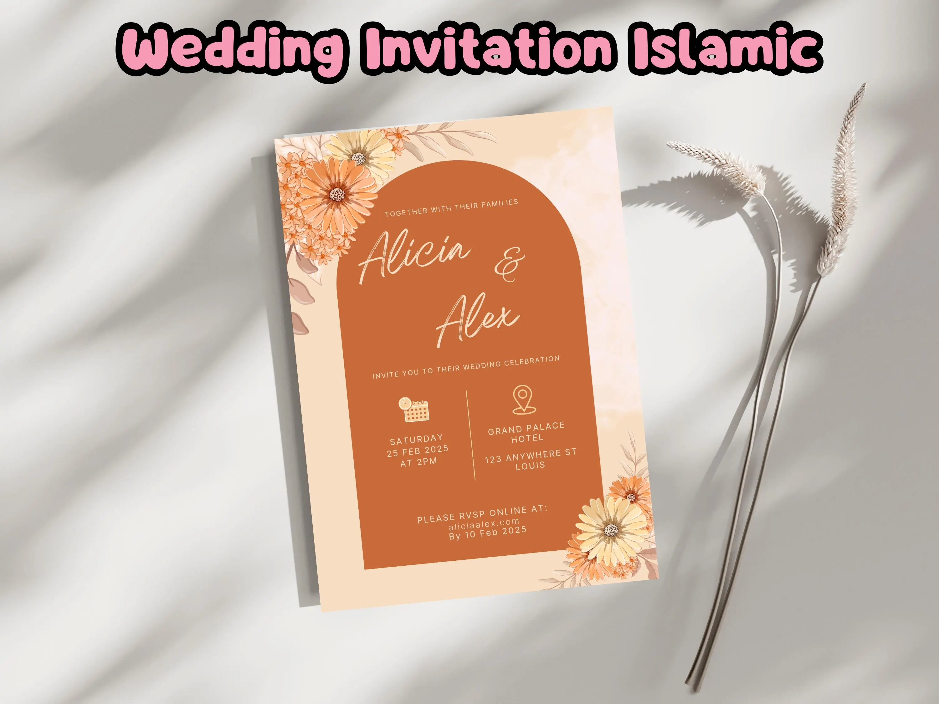 Wedding Invitation, Nikah Invitation Template, Orange Flower Wedding Invite, Digital Wedding Invitation - image 3