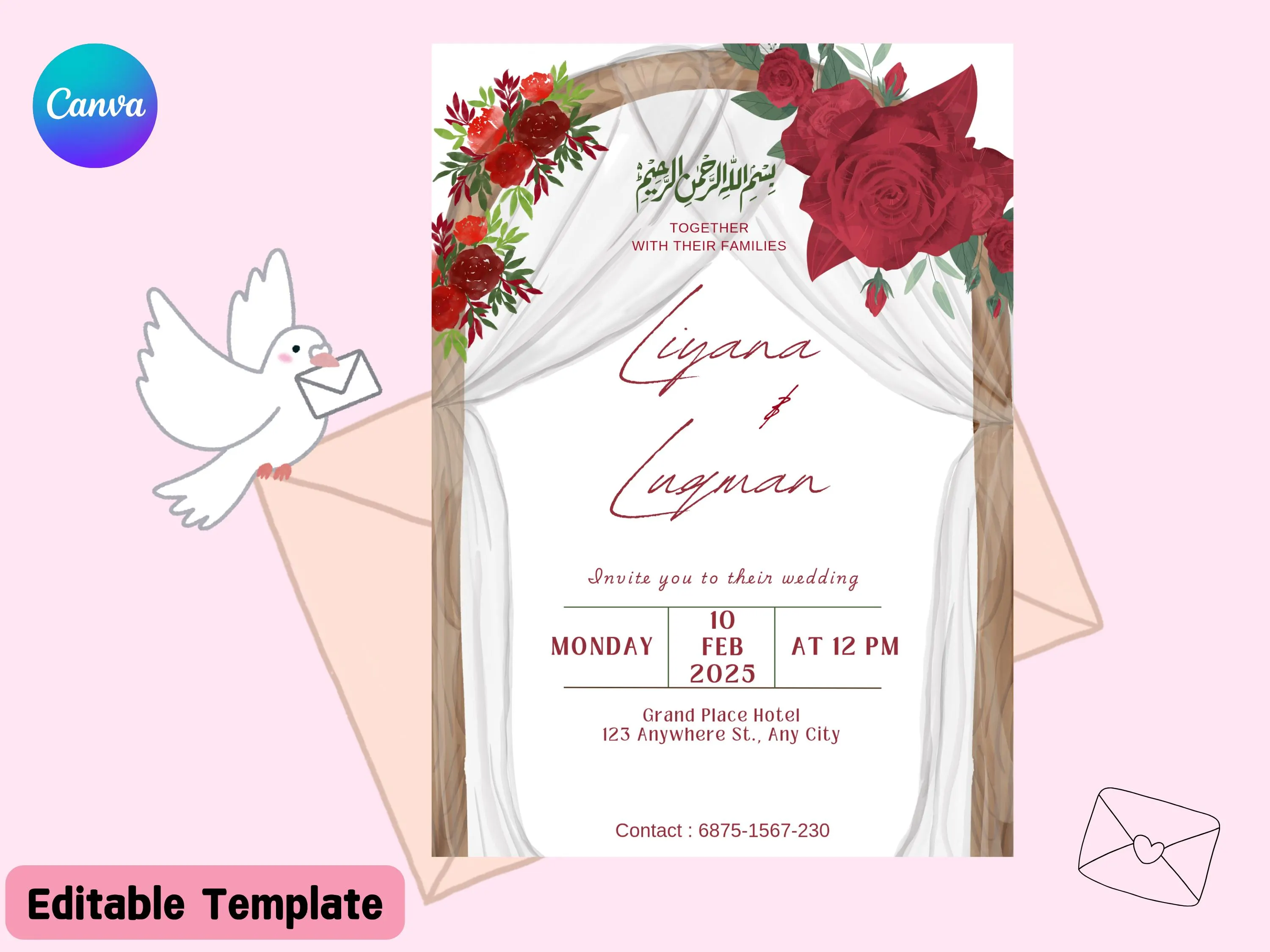 Muslim Wedding Invitation, Nikkah Invitation Template, Islamic Wedding Invitation Red Rose Arch, Nikkah Invite Digital, Instant Download