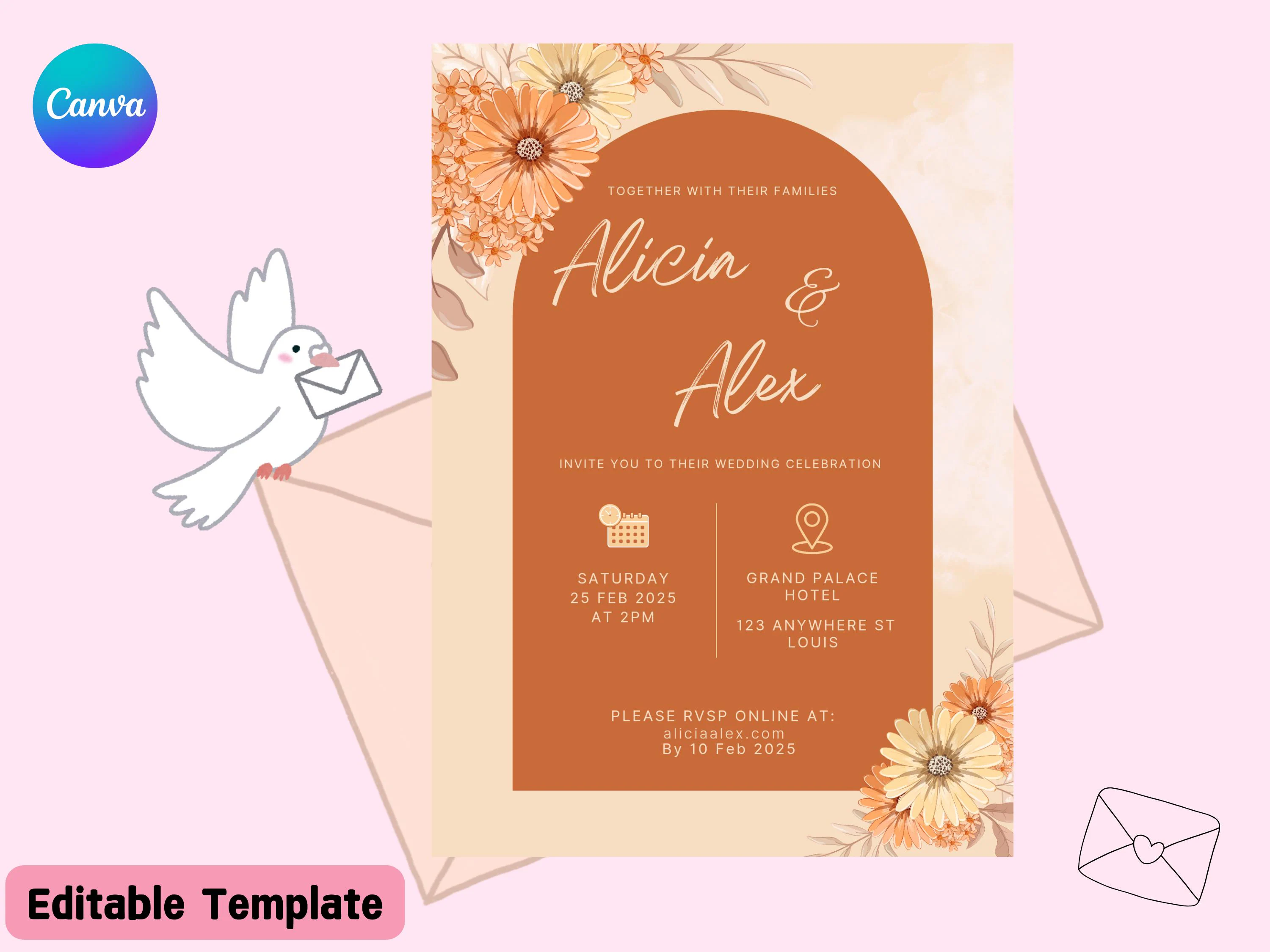 Wedding Invitation, Nikah Invitation Template, Orange Flower Wedding Invite, Digital Wedding Invitation