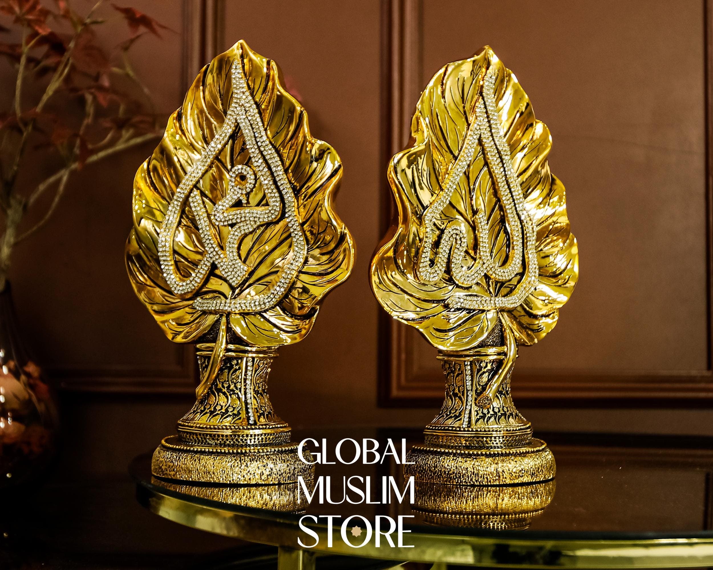Gold Islamic Calligraphy Leaf Figurine | Allah Muhammad Names Decorative Gift | Muslim Home Ornament | Muslim Gold Decor | Islamic Present