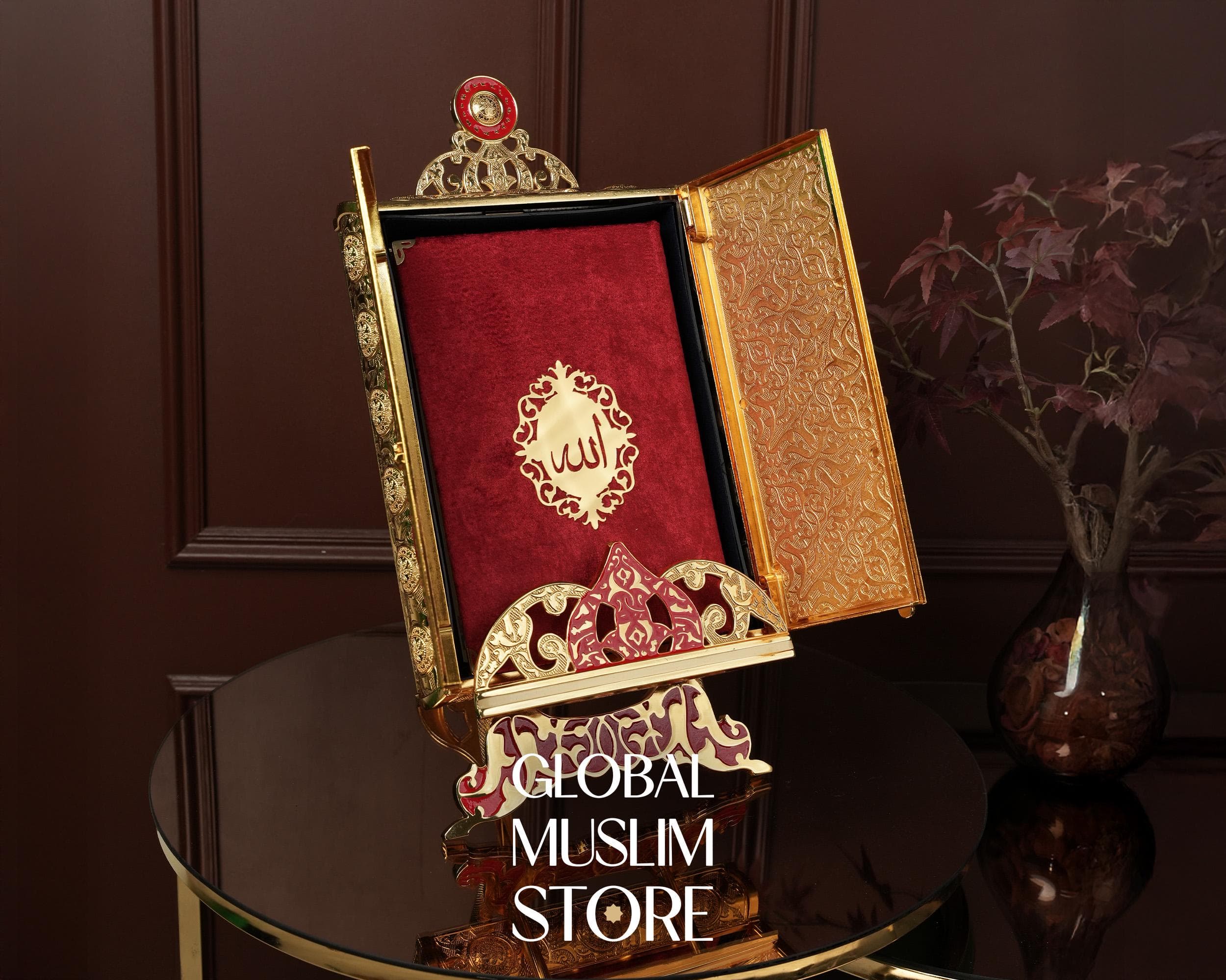 Quran For Gift | Luxury Red Velvet Qoran Set | Golden Case & Display Stand | Islamic Present - image 4