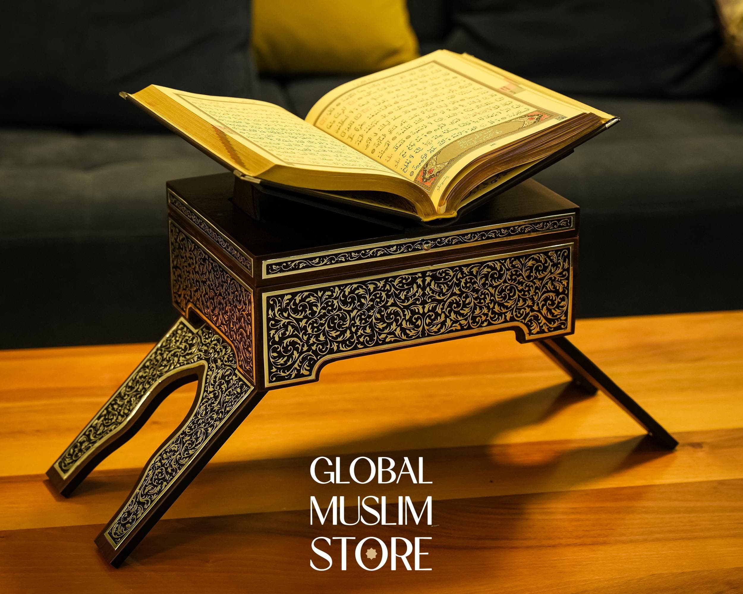 Quran, Quran Stand, Quran Box, Quran Reading Rehal, Lux Solid Wood Decorative Quran Case and Holy Quran with Silver Inlay Decorations