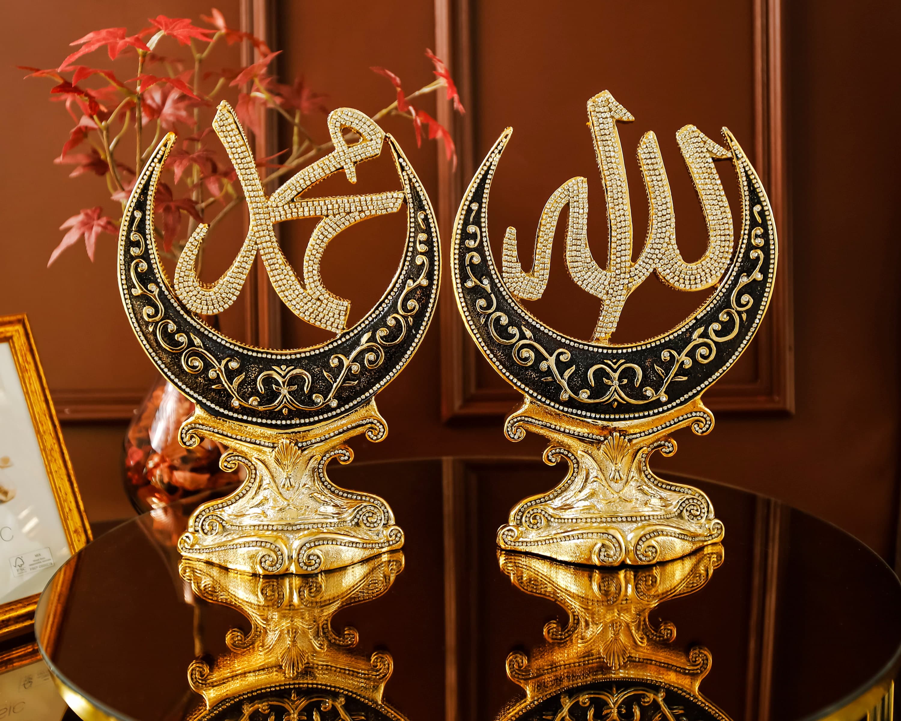 Allah Muhammad Crescent Decor, Gold Plated Luxury Islamic Gift, Islamic Art, Muslim Decor Ornament Gift Set