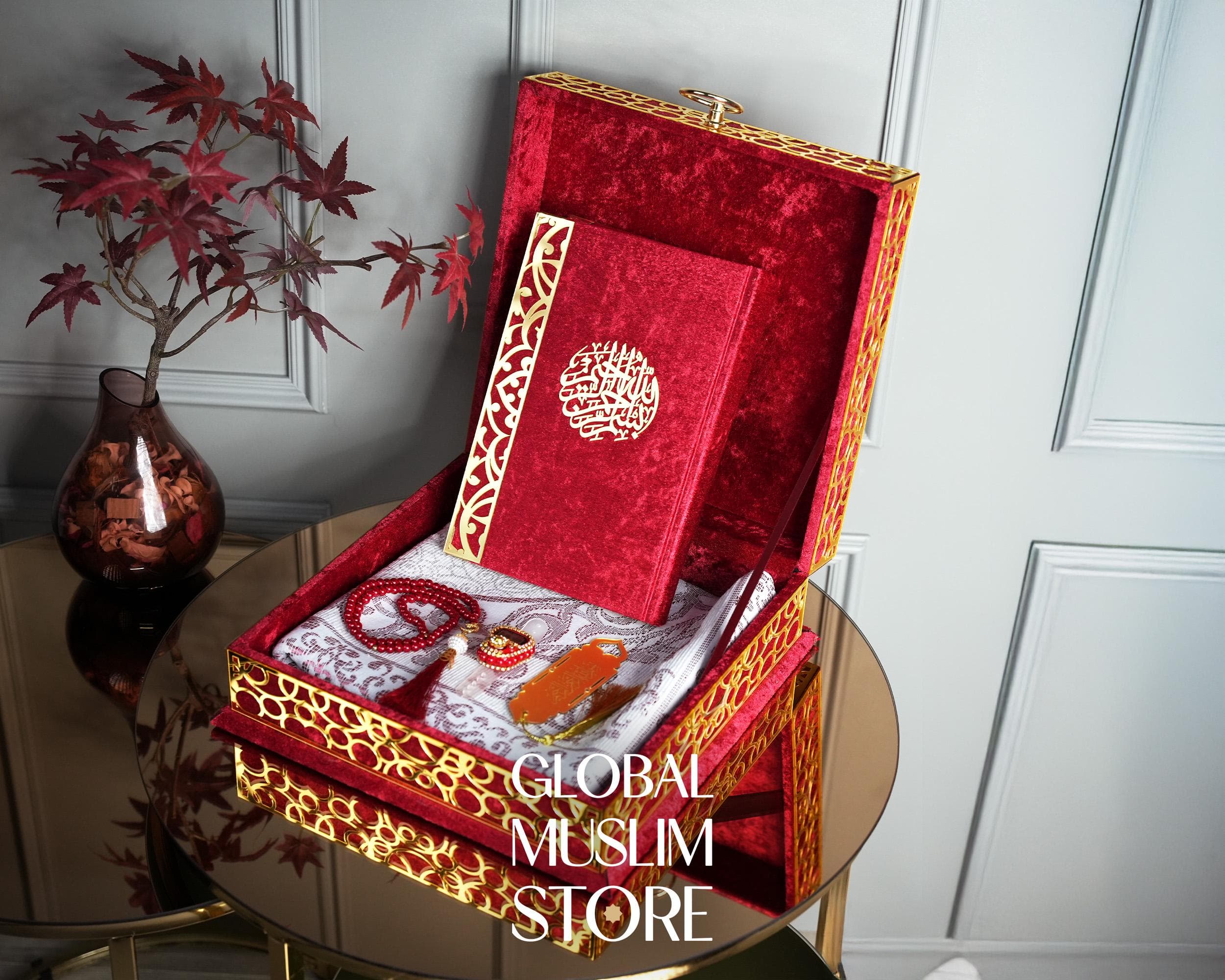Quran For Gift | Velvet Quran Gift, Luxury Prayer Rug, Pearl Prayer Beads, Electronic Counter Tasbeeh Set | Religious Presents | Red & Gold
