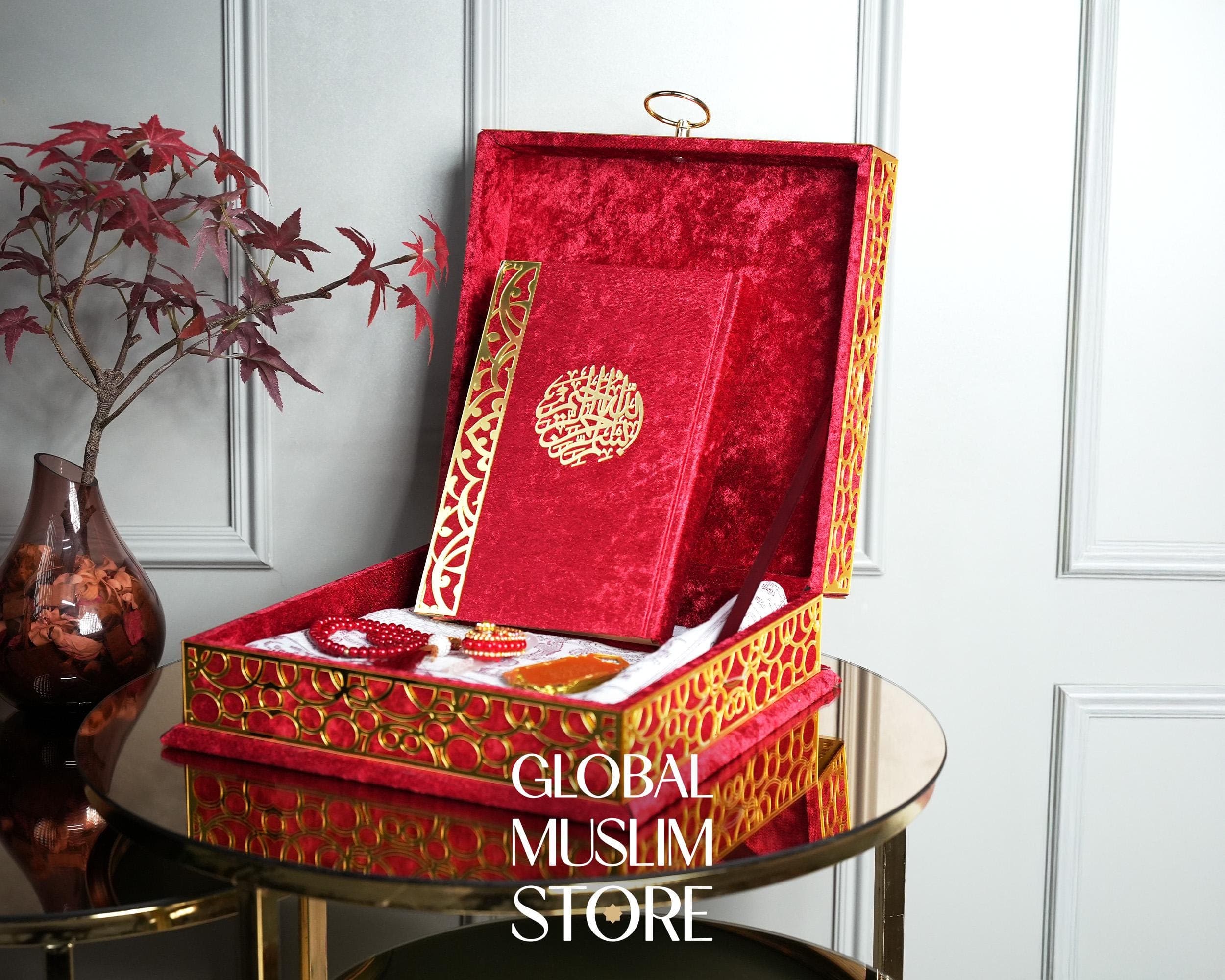 Quran For Gift | Velvet Quran Gift, Luxury Prayer Rug, Pearl Prayer Beads, Electronic Counter Tasbeeh Set | Religious Presents | Red & Gold - image 4