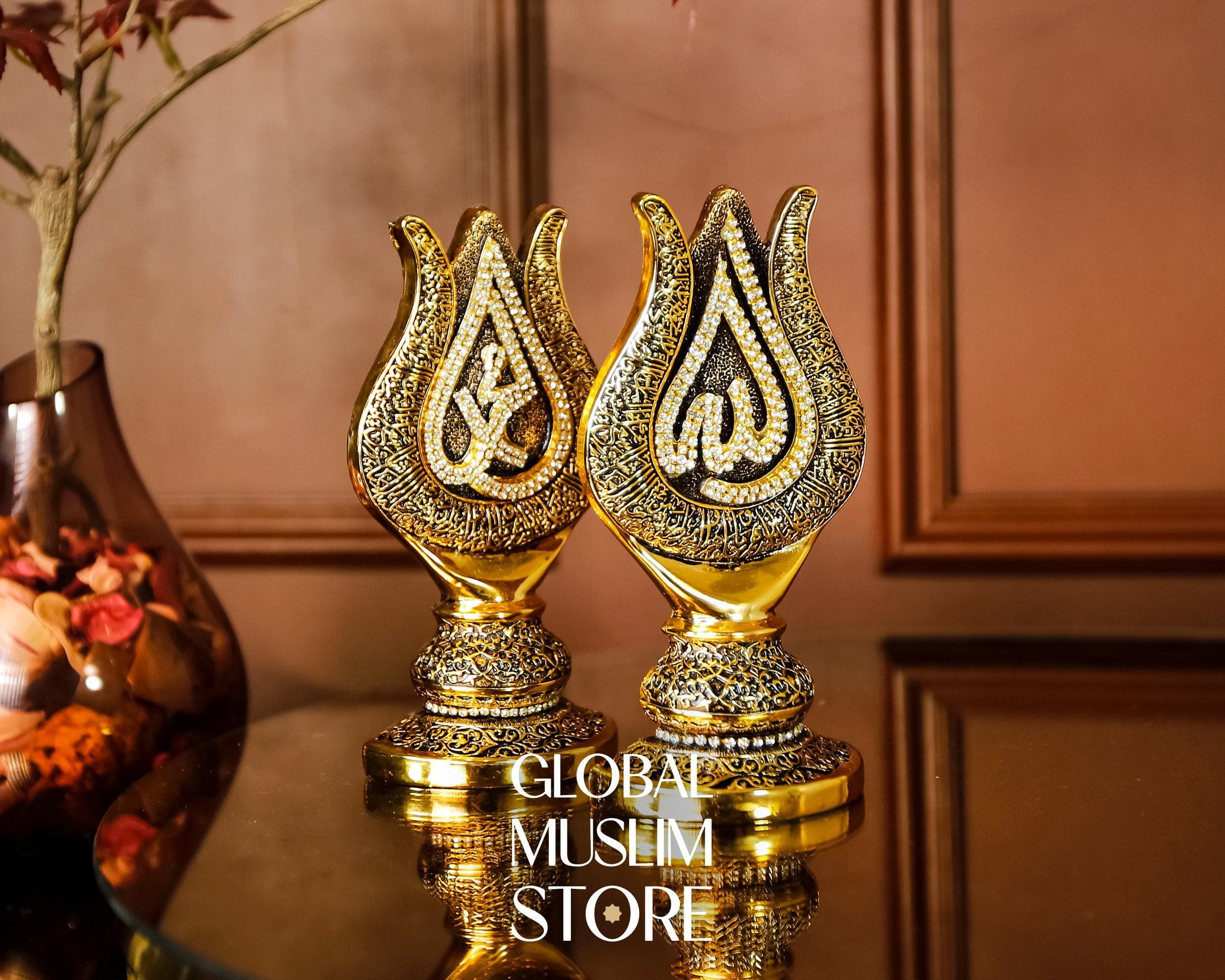 Gold Tulip Calligraphy Figurine Set | Allah Muhammad Islamic Names Gift Set | Muslim Decorative Gift for Home or Office - image 4