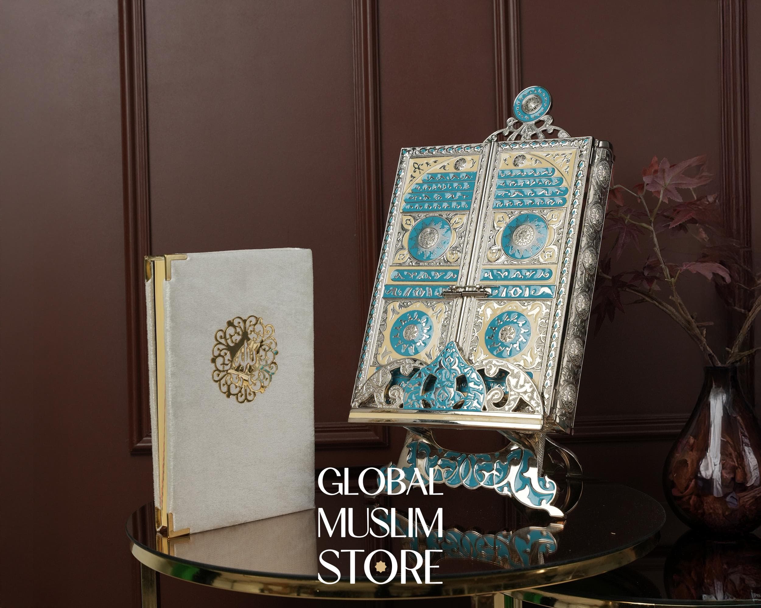 Silver Quran Box with Velvet Covered Quran Gift | Islamic Decor Gift | Decorative Quran Set | Quran Case | Quran Cover and Holy Qoran Set