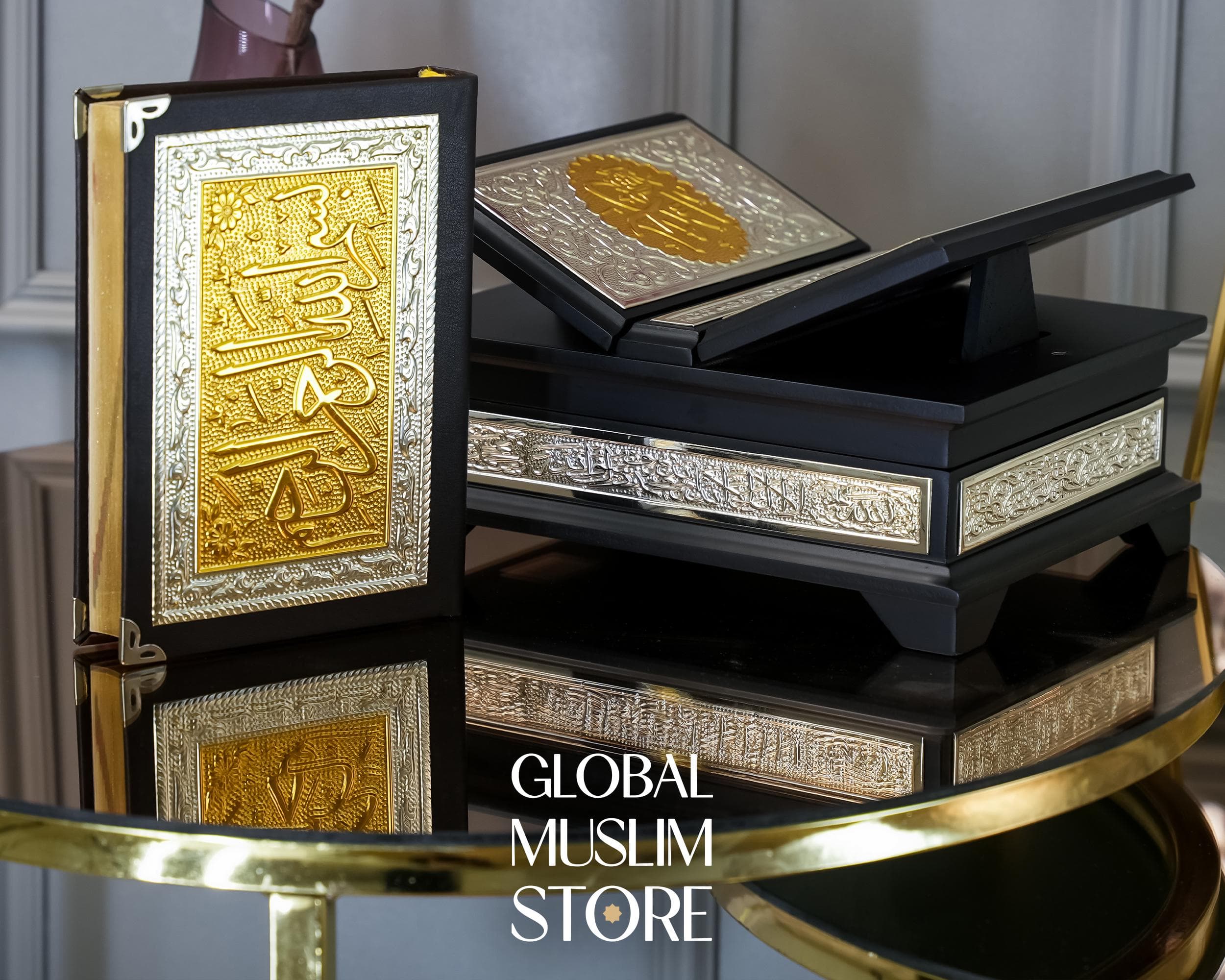 Quran Box, Quran Stand, Quran Cover, Quran Rehal, Artistic Solid Wood Decorative Quran Case and The Holy Quran with Silver Inlay Decoration