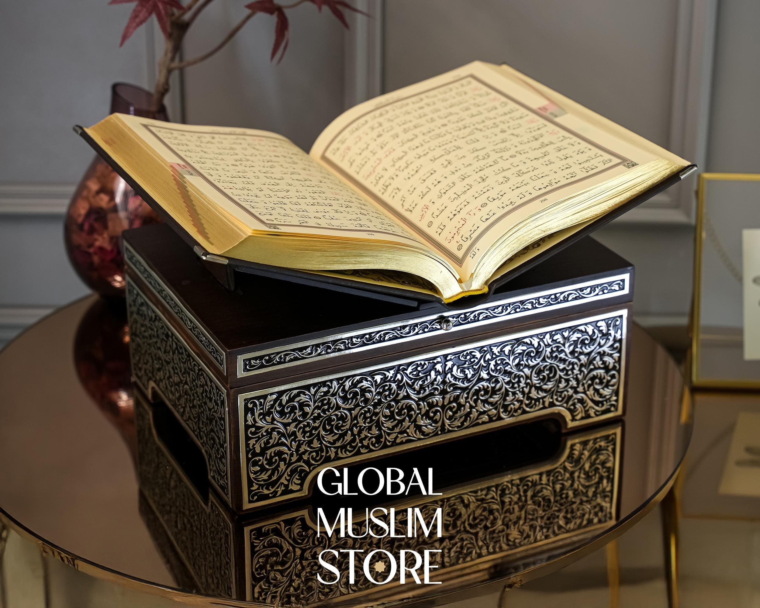Quran, Quran Stand, Quran Box, Quran Reading Rehal, Lux Solid Wood Decorative Quran Case and Holy Quran with Silver Inlay Decorations - image 4