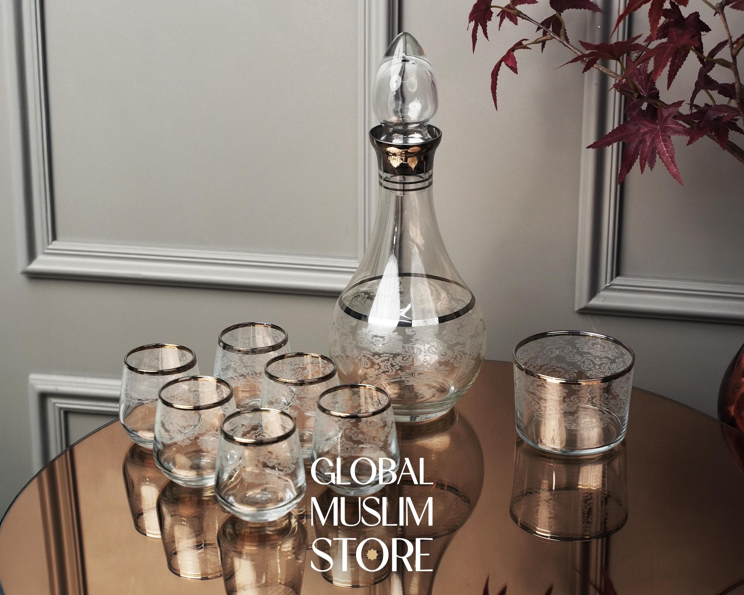 Zamzam Water Set: Elegant Glass Art with Carafe & Cups - Islamic Drinkware | Drink Presentation - 8 Pieces