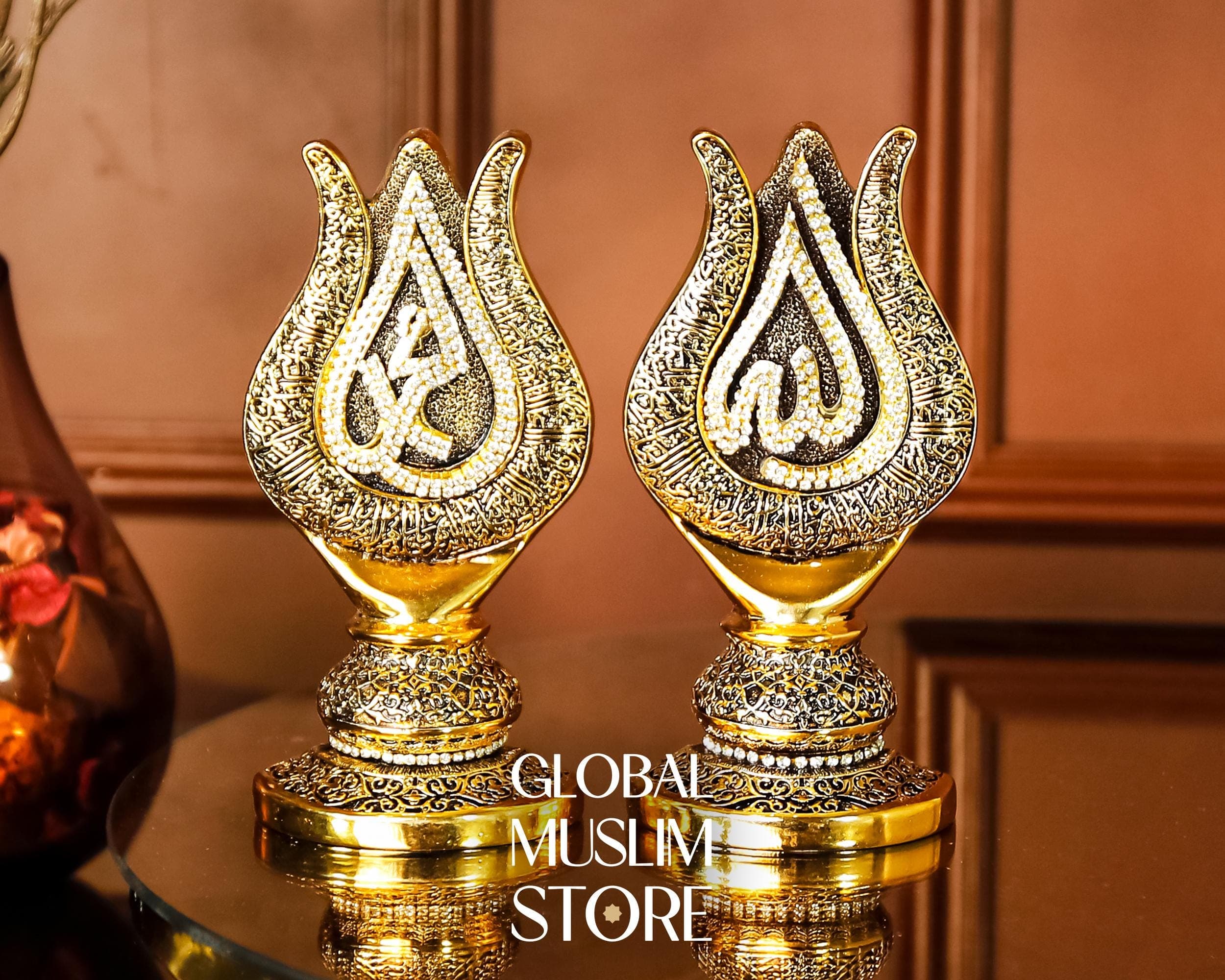 Gold Tulip Calligraphy Figurine Set | Allah Muhammad Islamic Names Gift Set | Muslim Decorative Gift for Home or Office