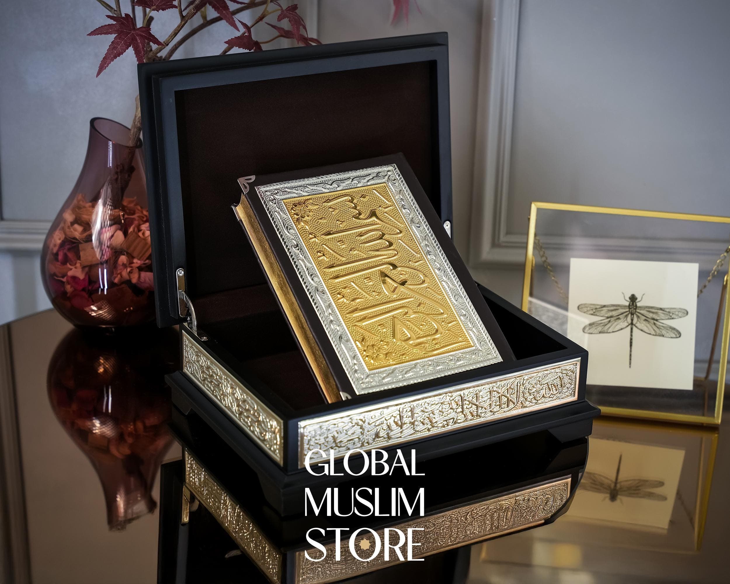 Solid Wood Silver Inlay Decorative Quran Case and The Holy Quran, Quran Box, Quran Cover, Islamic Artwork, Islamic Home Decor, Muslim Gifts