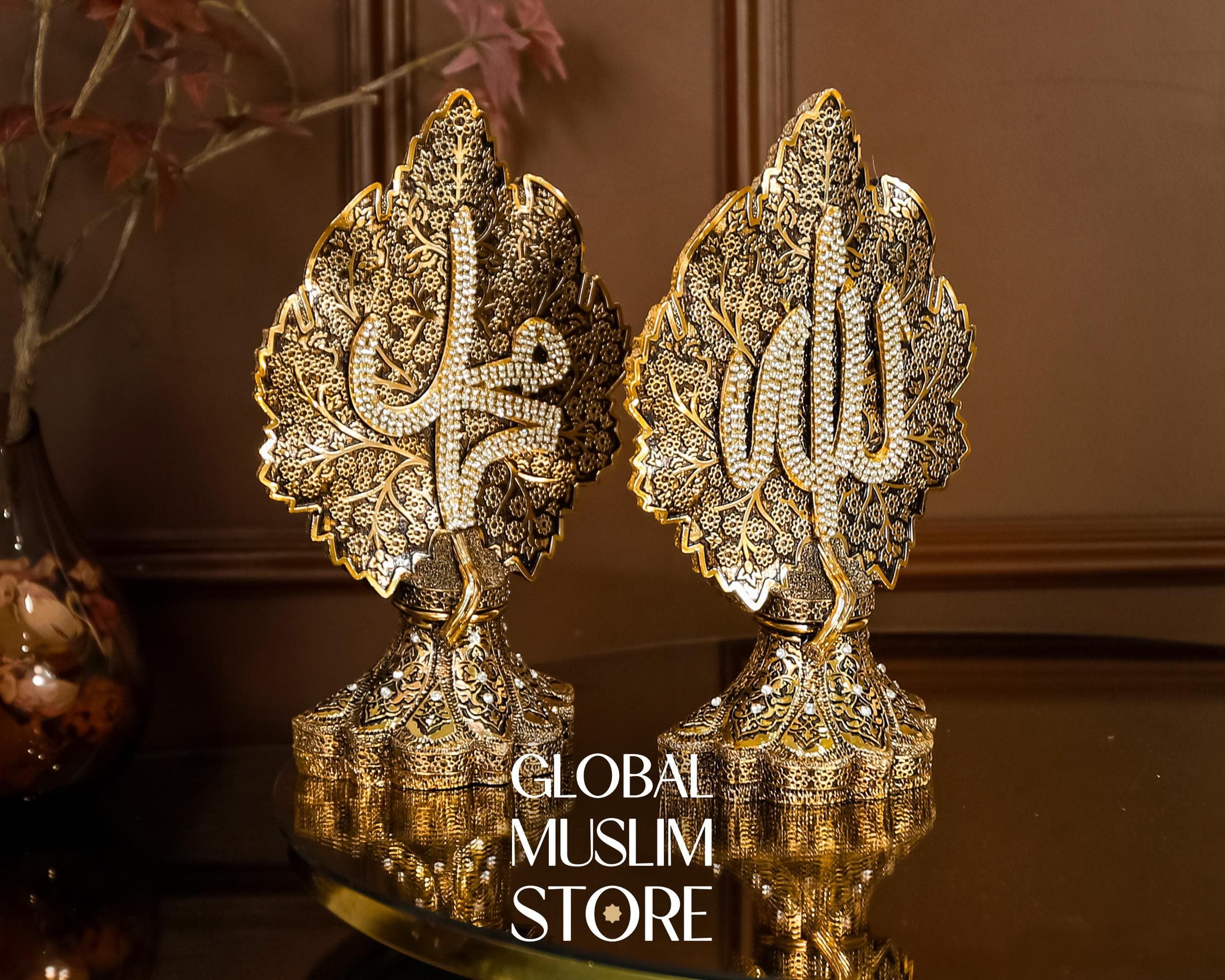 Allah Muhammed Art | Gold Islamic Calligraphy Leaf Figurine Set | Allah Muhammad Names on Maple and Daisy Base | Muslim Decorative Gift Set - image 4
