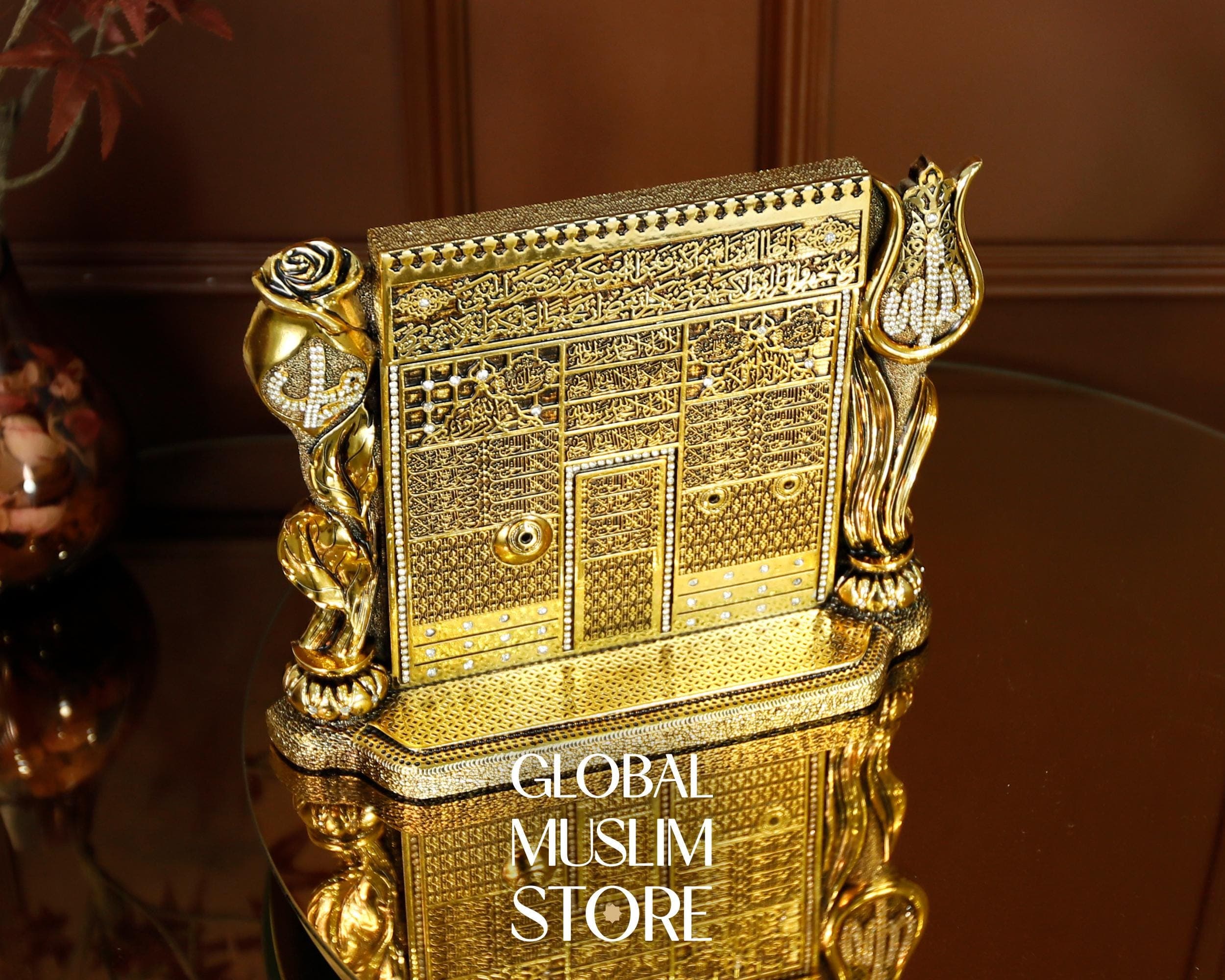 Gold Islamic Greeting Gate Figurine | Tulip Rose Motif with Allah & Muhammad Calligraphy | Muslim Decorative Home Gift | Islamic Home Decor