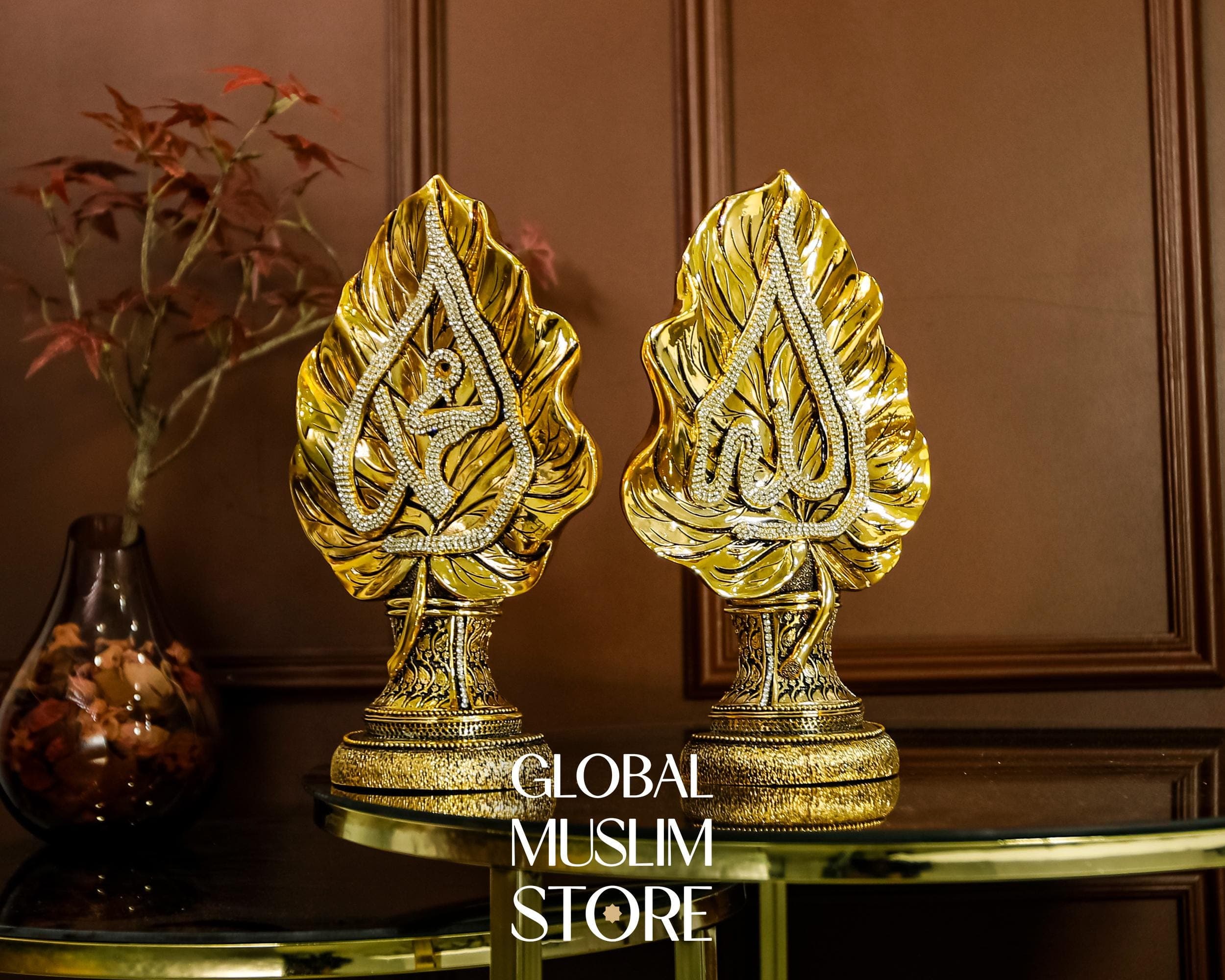 Gold Islamic Calligraphy Leaf Figurine | Allah Muhammad Names Decorative Gift | Muslim Home Ornament | Muslim Gold Decor | Islamic Present - image 3