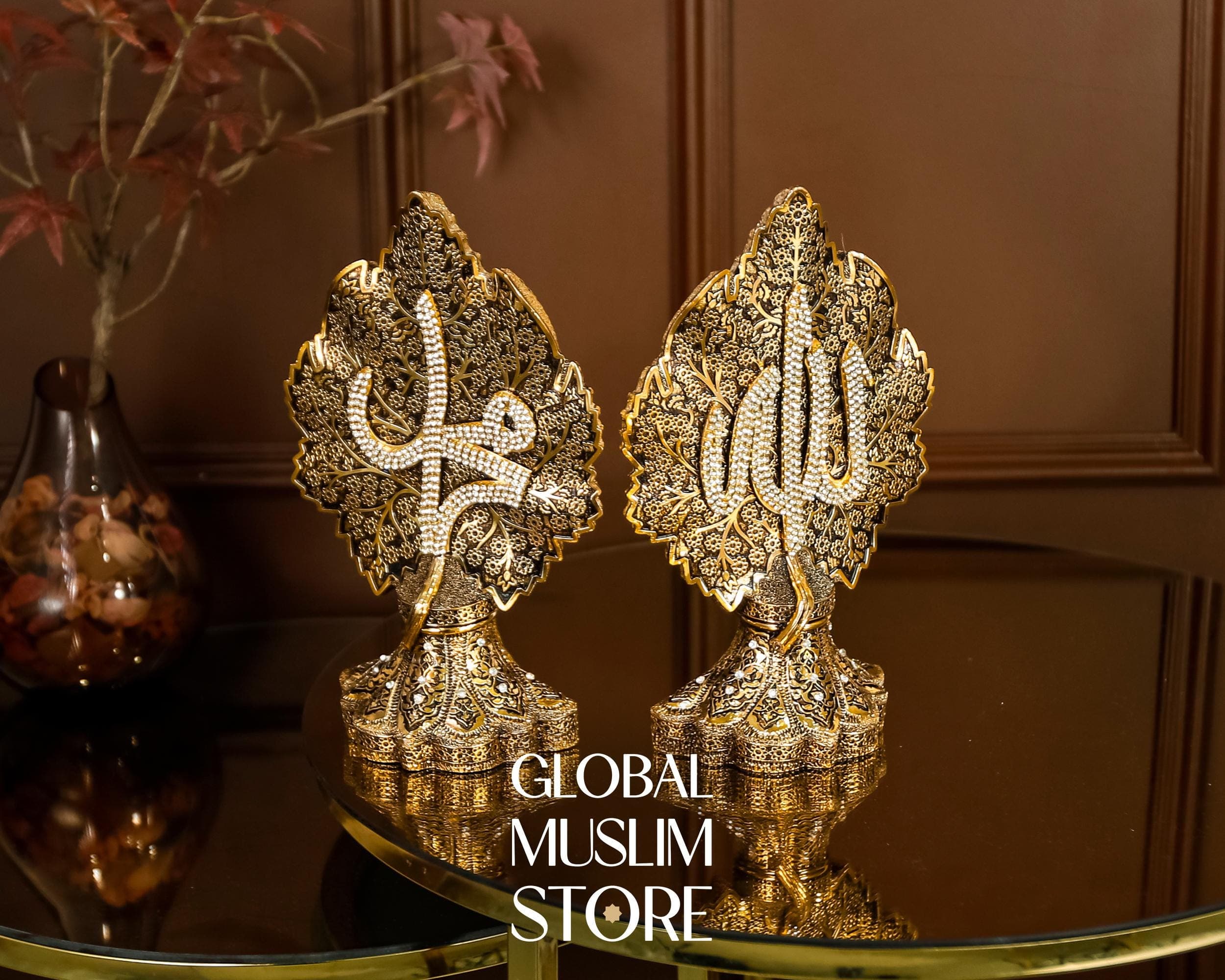 Allah Muhammed Art | Gold Islamic Calligraphy Leaf Figurine Set | Allah Muhammad Names on Maple and Daisy Base | Muslim Decorative Gift Set - image 5