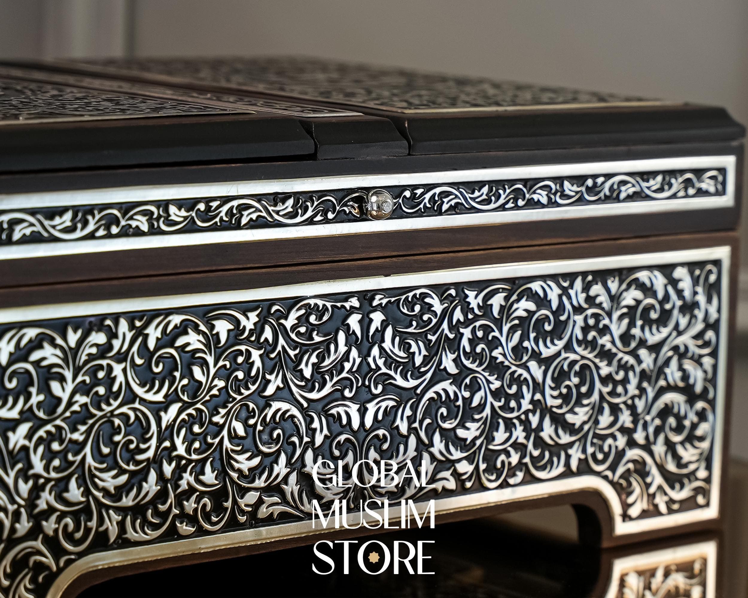 Quran, Quran Stand, Quran Box, Quran Reading Rehal, Lux Solid Wood Decorative Quran Case and Holy Quran with Silver Inlay Decorations - image 5