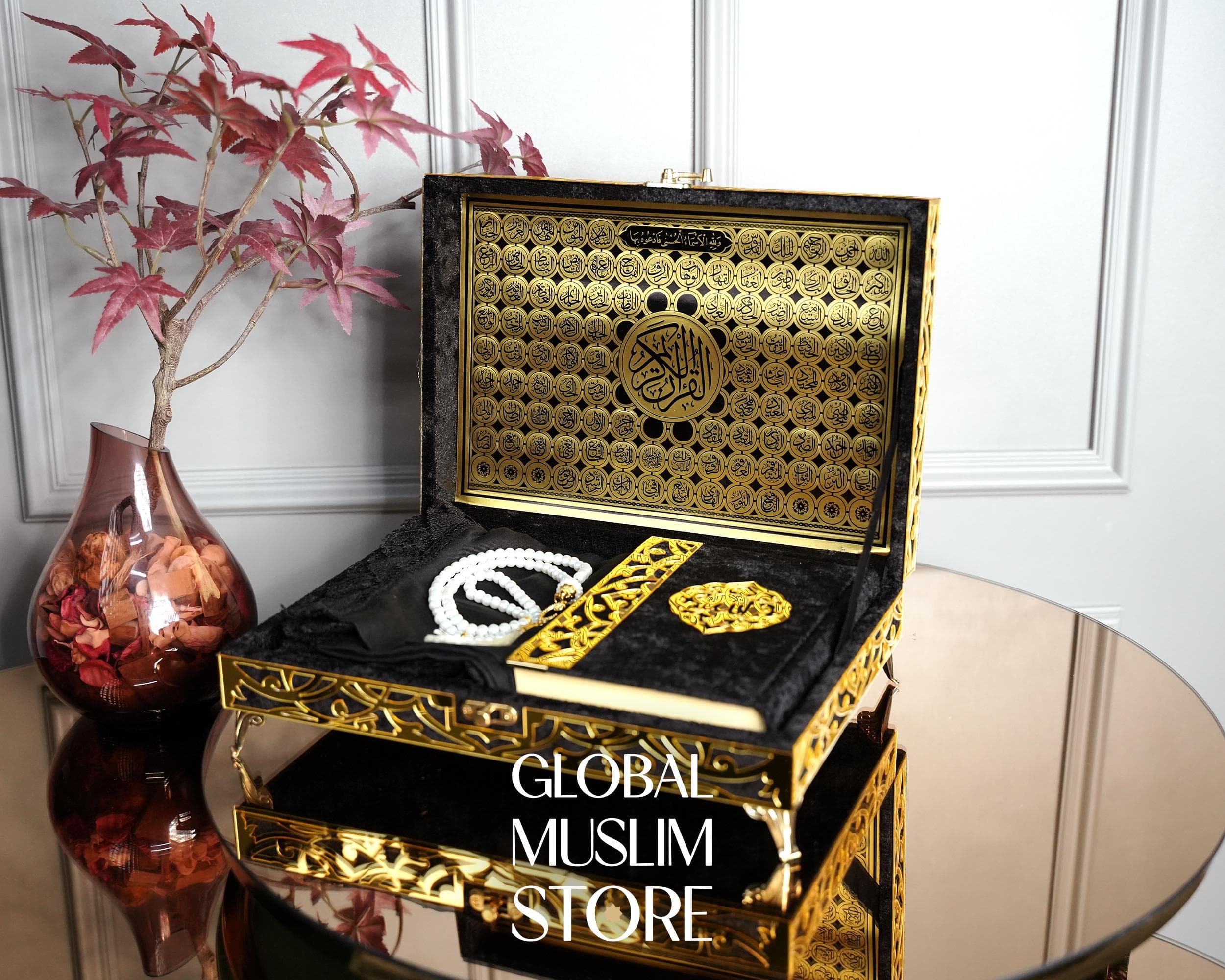 Quran Set | Velvet Quran Gift, Lux shawl scarf, Pearl Prayer Beads Tasbeeh, Decorative 99 Names of Allah Wood Case | Islamic Muslim Gift Set