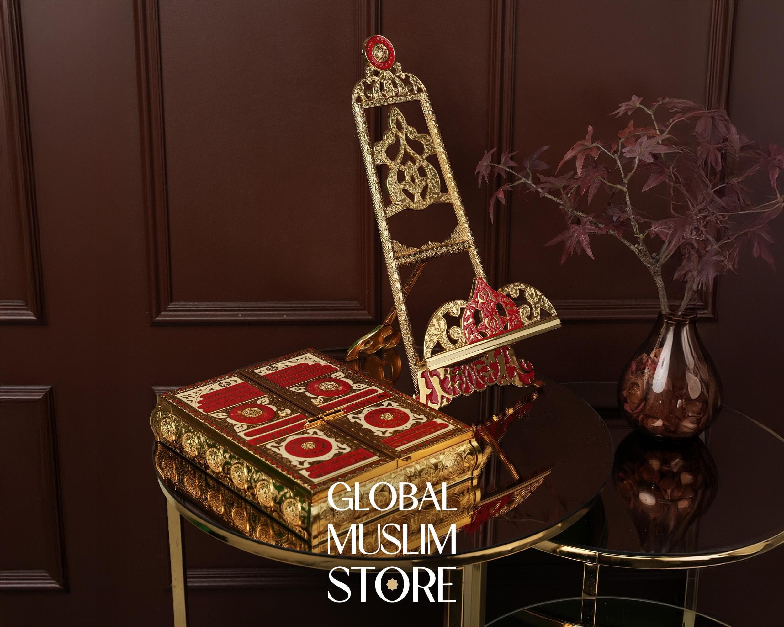 Quran For Gift | Luxury Red Velvet Qoran Set | Golden Case & Display Stand | Islamic Present - image 3
