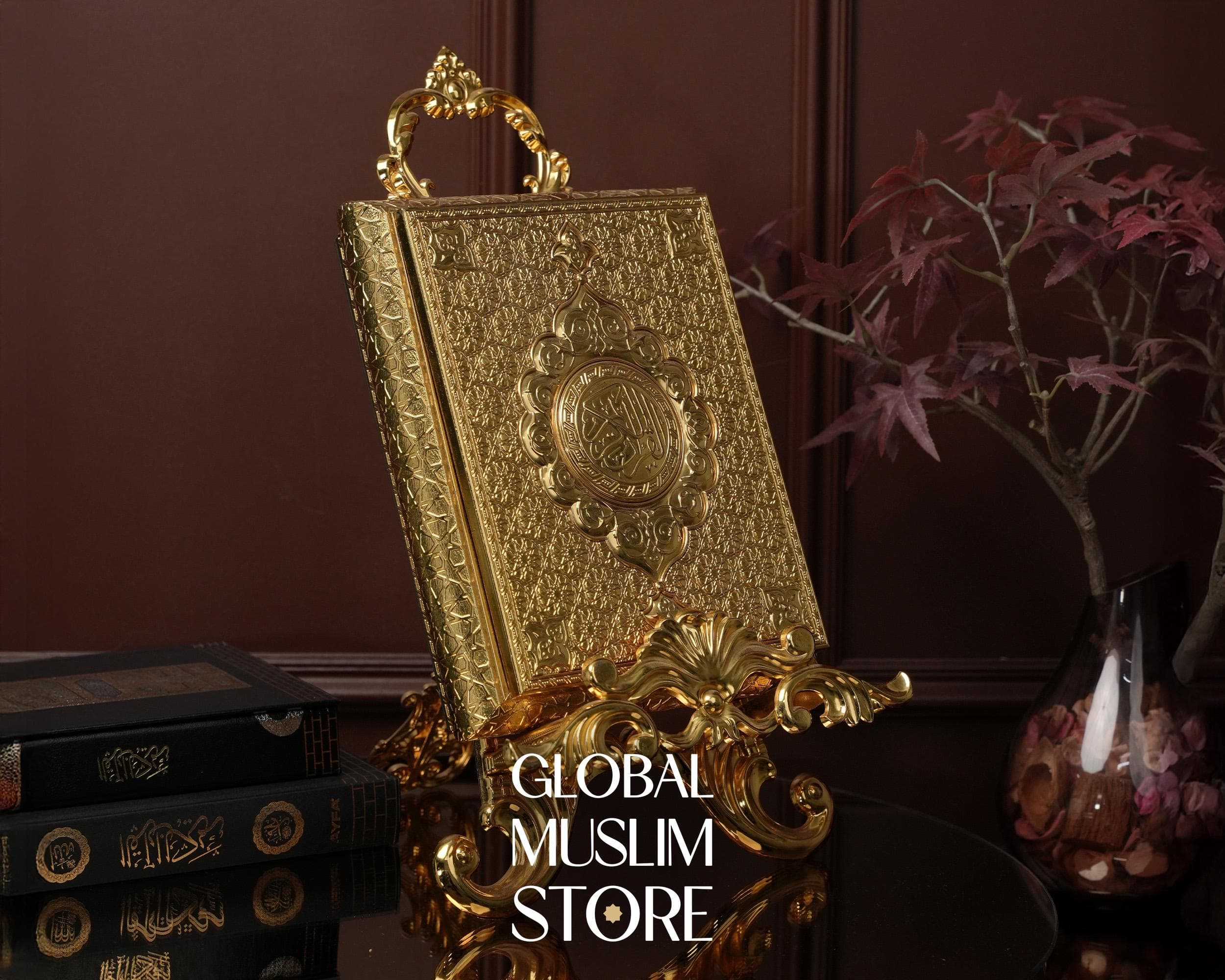 Luxury Gold Quran Box Set: Engraved Islamic Gift with Display Stand