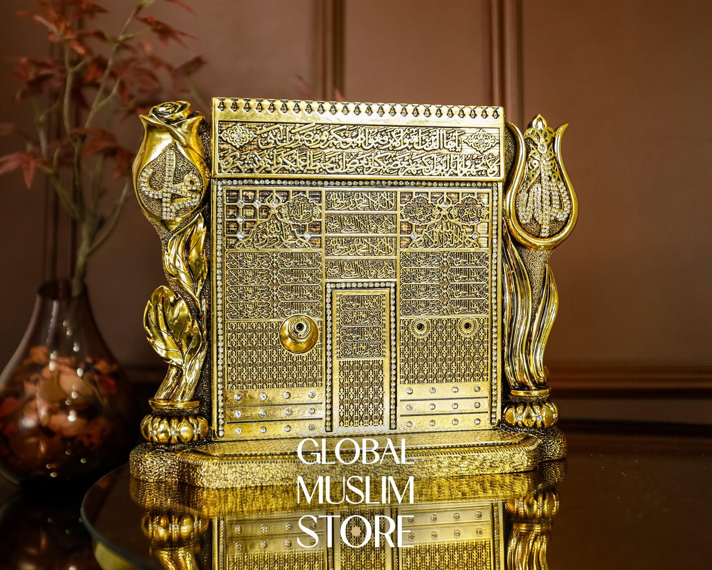 Gold Plated Masjid Nabawi Greeting Gate Figurine Decor | Tulip Rose Motif with Allah & Muhammad Calligraphy | Islamic Decorative Artwork