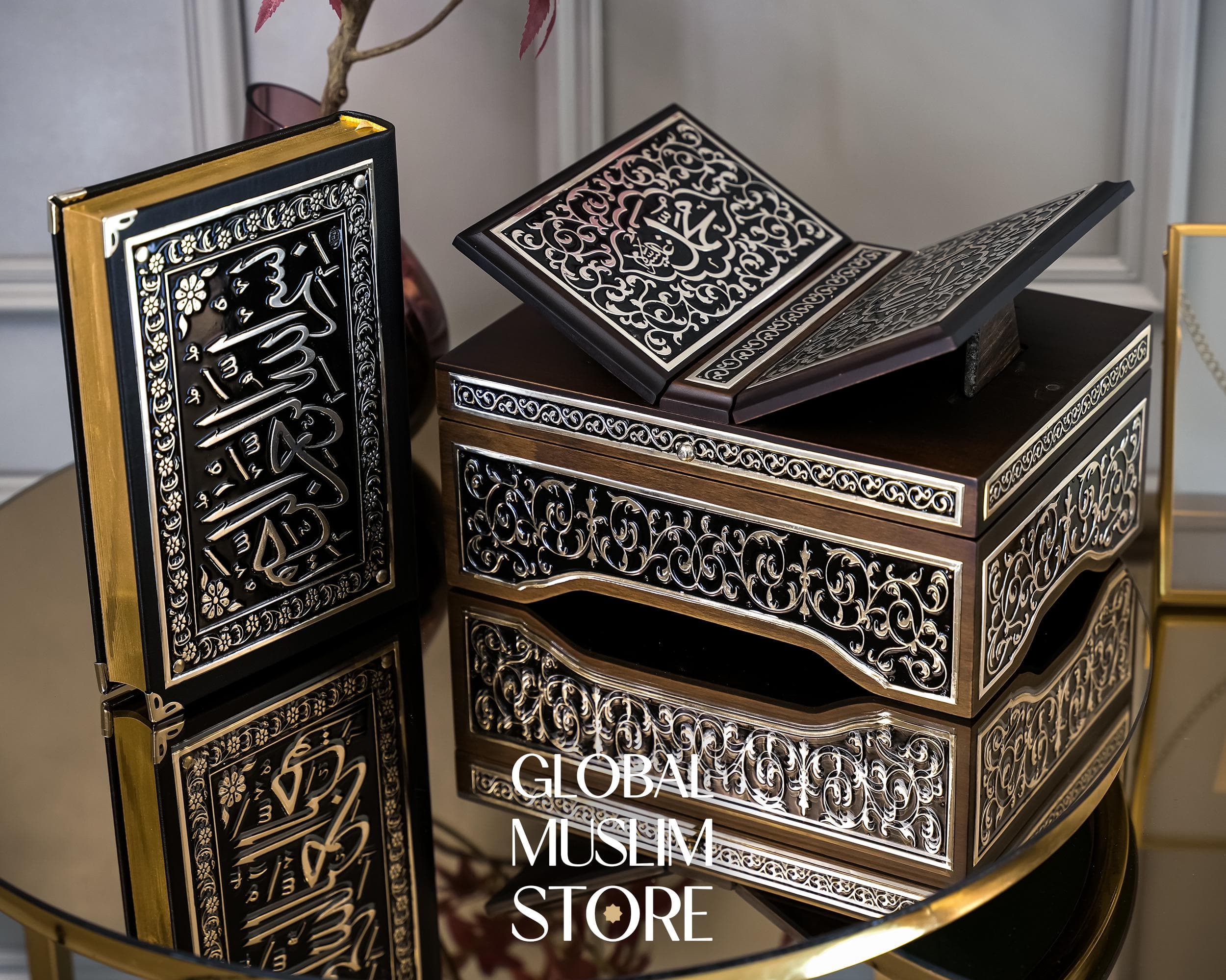 Quran Gift, Islamic Gift, Gift For Muslim, Islamic Art, Luxurious Solid Wood Decorative Quran Case and The Holy Quran Set with Silver Inlays - image 4