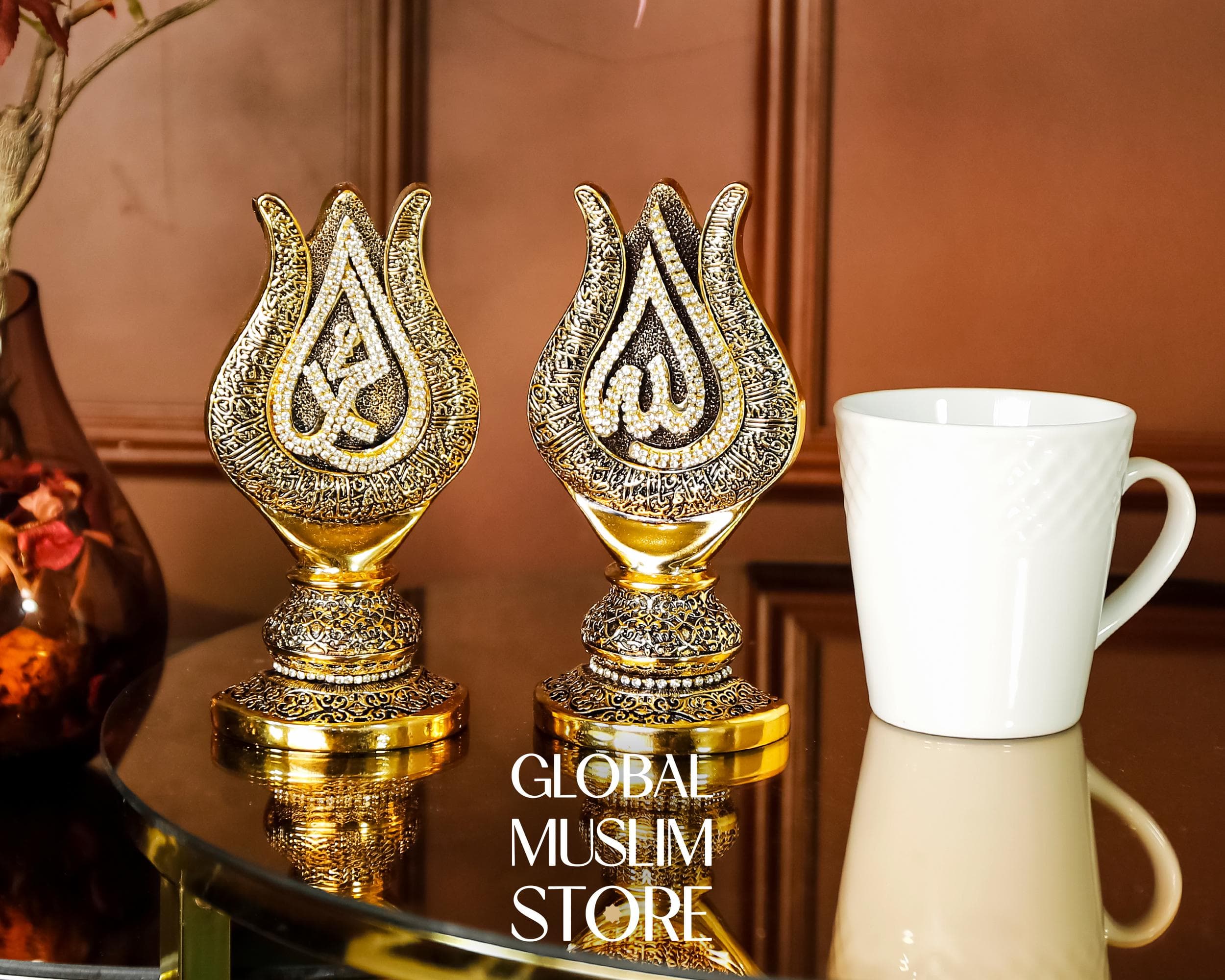 Gold Tulip Calligraphy Figurine Set | Allah Muhammad Islamic Names Gift Set | Muslim Decorative Gift for Home or Office - image 5