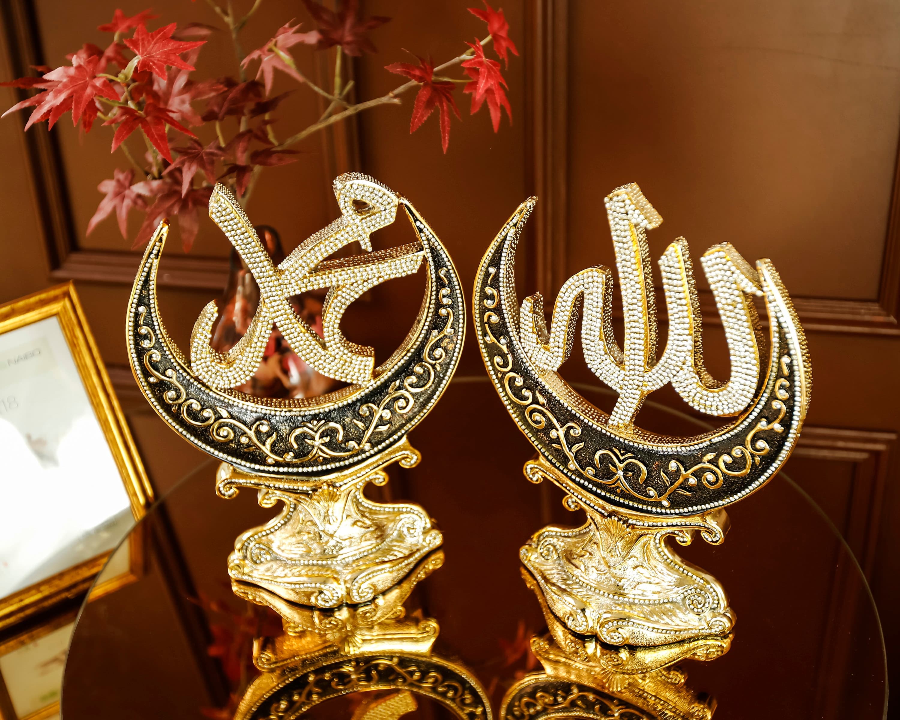 Allah Muhammad Crescent Decor, Gold Plated Luxury Islamic Gift, Islamic Art, Muslim Decor Ornament Gift Set - image 3
