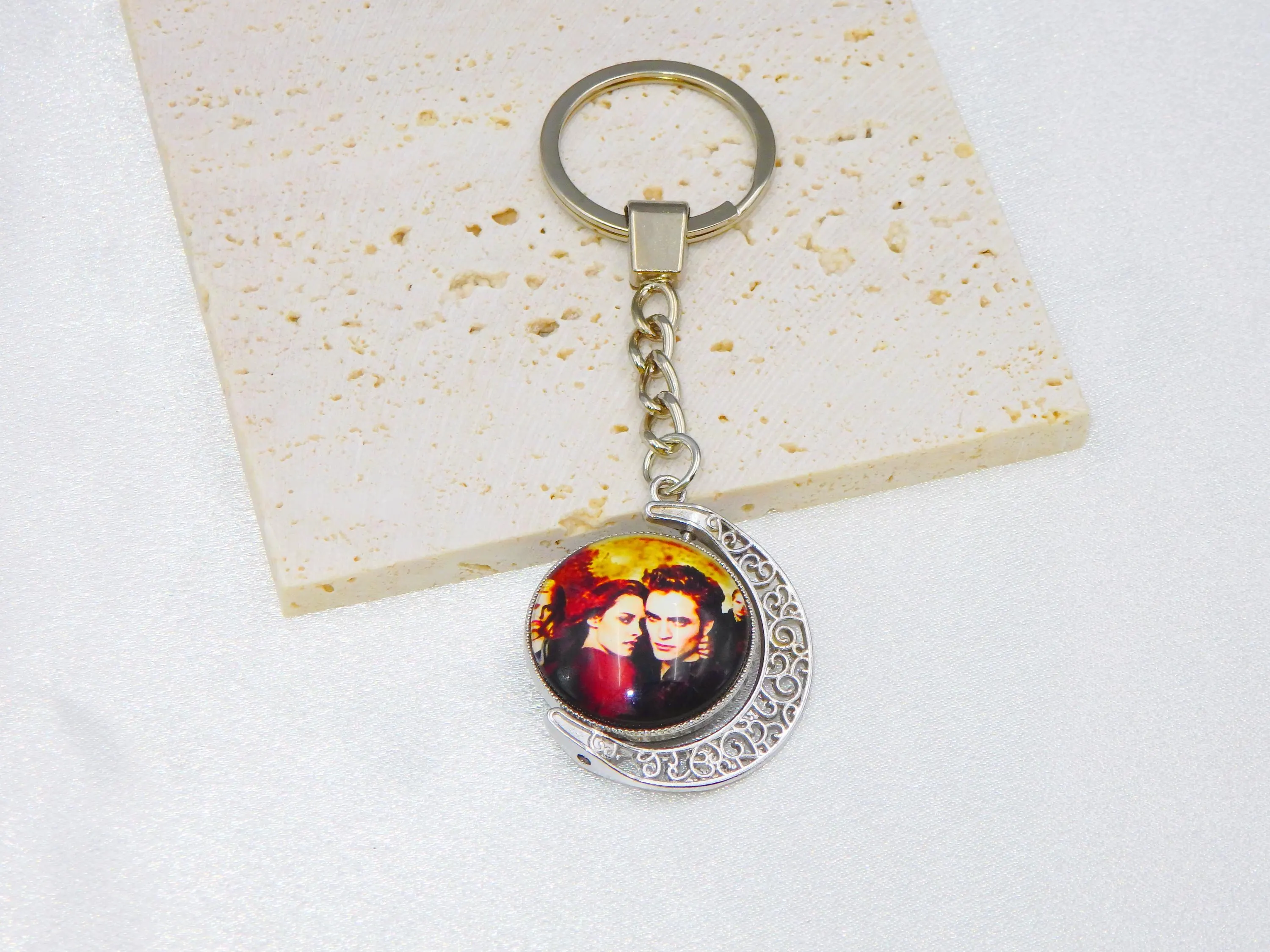 Twilight 3D Glass Keychain / Floral hollow New Moon / rotatable