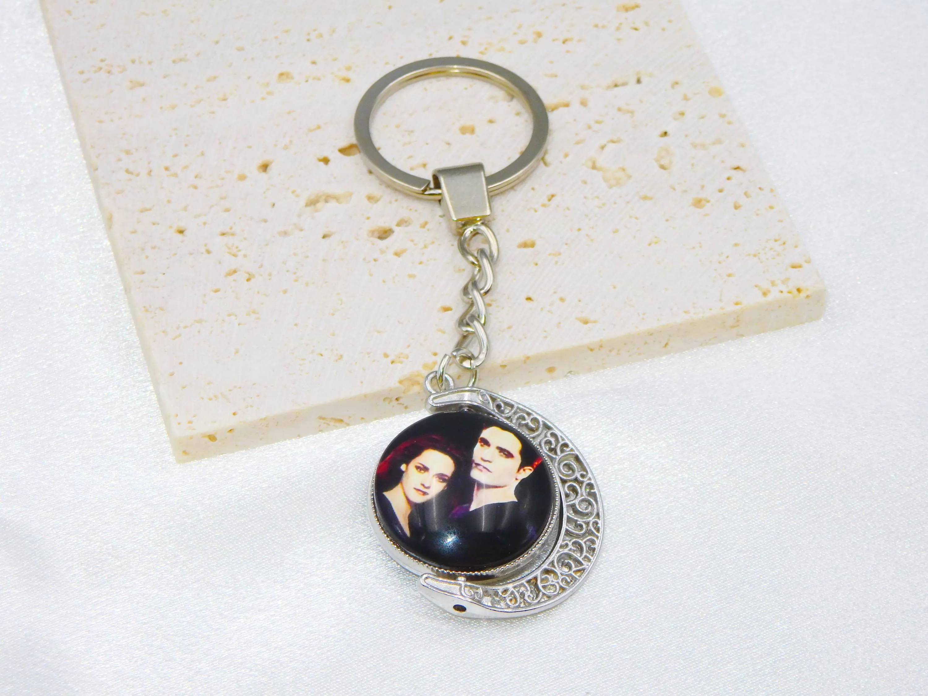 Twilight 3D Glass Keychain / Floral hollow New Moon / rotatable - image 2