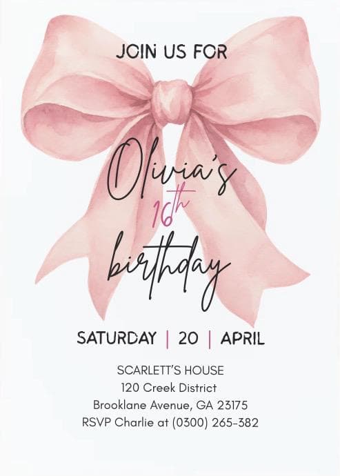 Pink Coquette 16th Birthday Invitation Template, Bow (Digital Download) - image 4