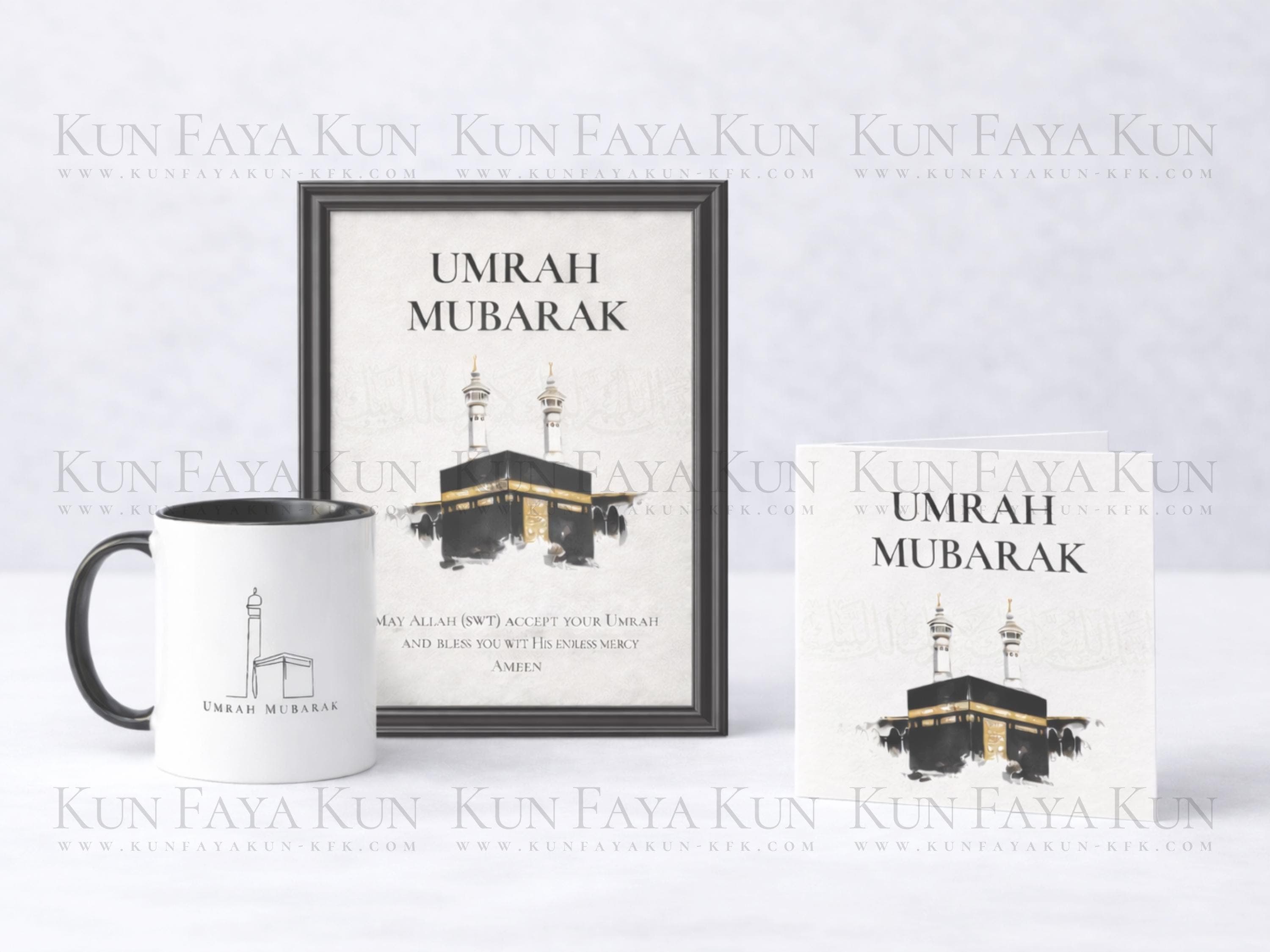 Minimalist Umrah Mubarak Gift Bundle | Black Frame Islamic Print, Umrah Mug & Card | Umrah Gift