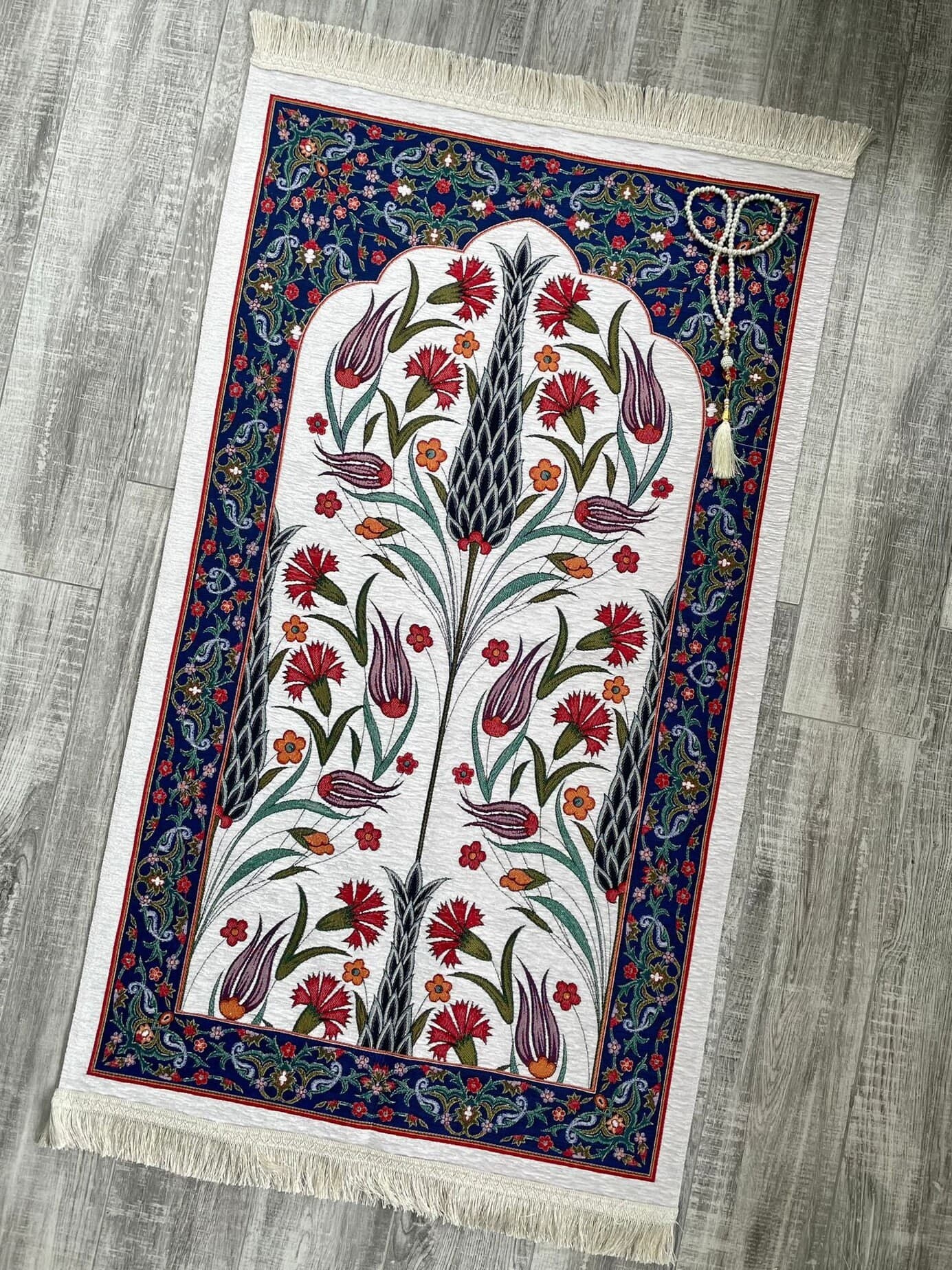 Floral Prayer Mat: Cotton Chenille Muslim Gift (3.7x2.1 ft)