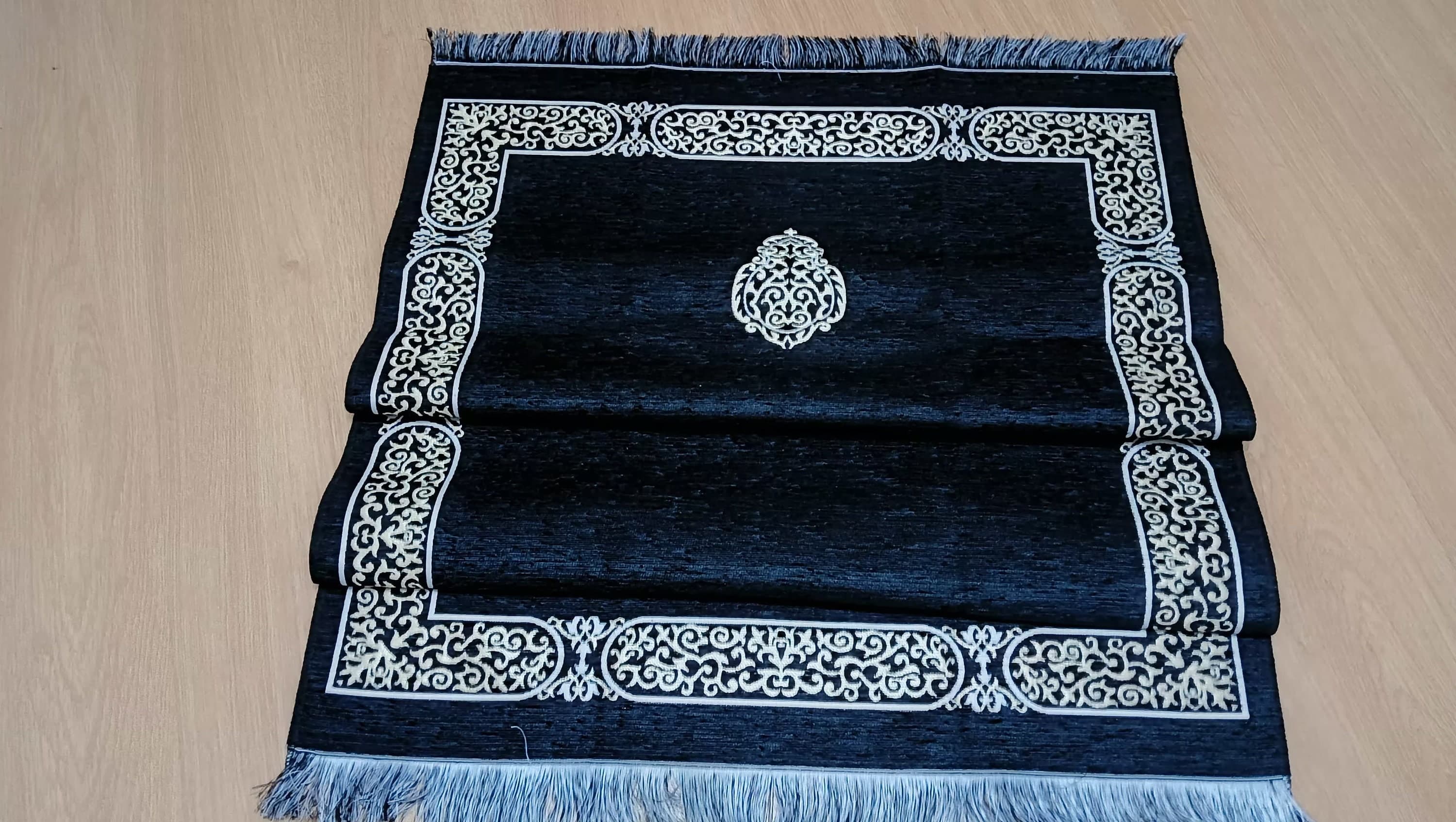 Black Chenille Prayer Mat, Kaaba Cover Design,