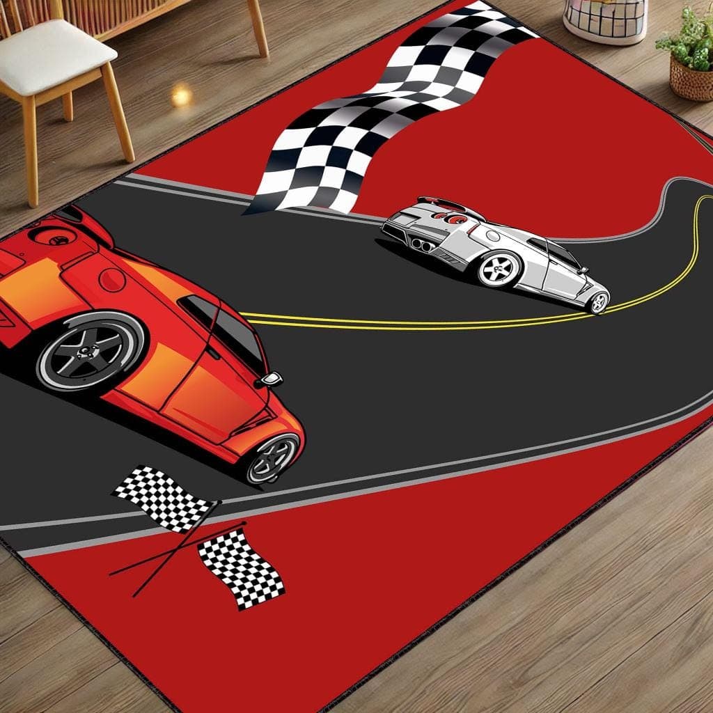 Race Track Kids Rug: Washable Non-Slip Play Mat