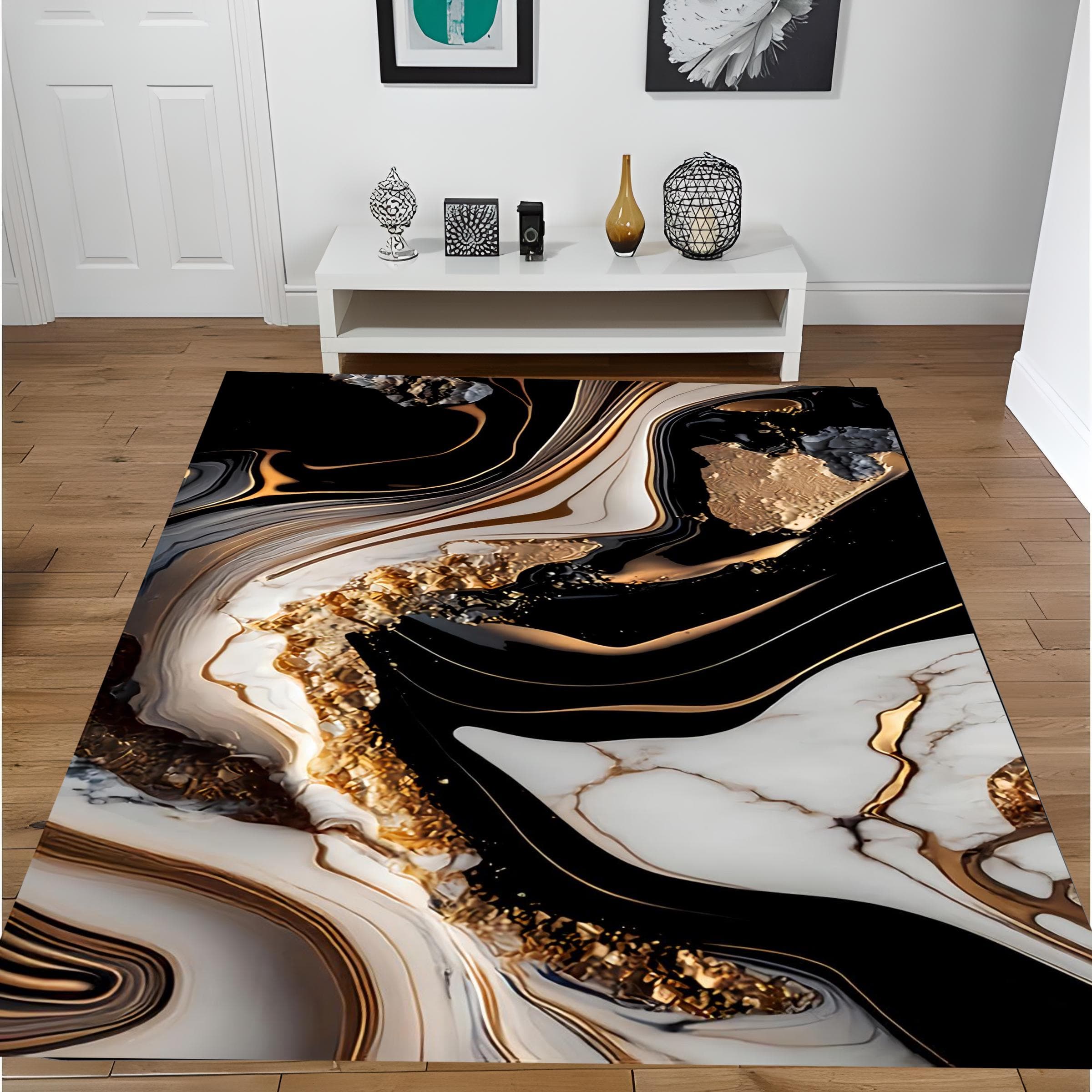 Gold Marble Pattern Rug: Modern Black and White Saloon Rug - image 5
