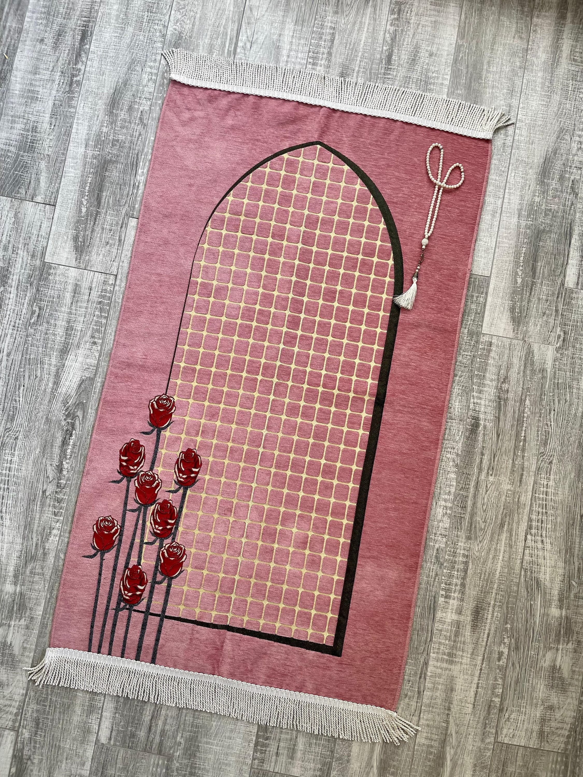 Pink Chenille Prayer Mat: Handwoven Muslim Gift (3.7x2.1 ft)