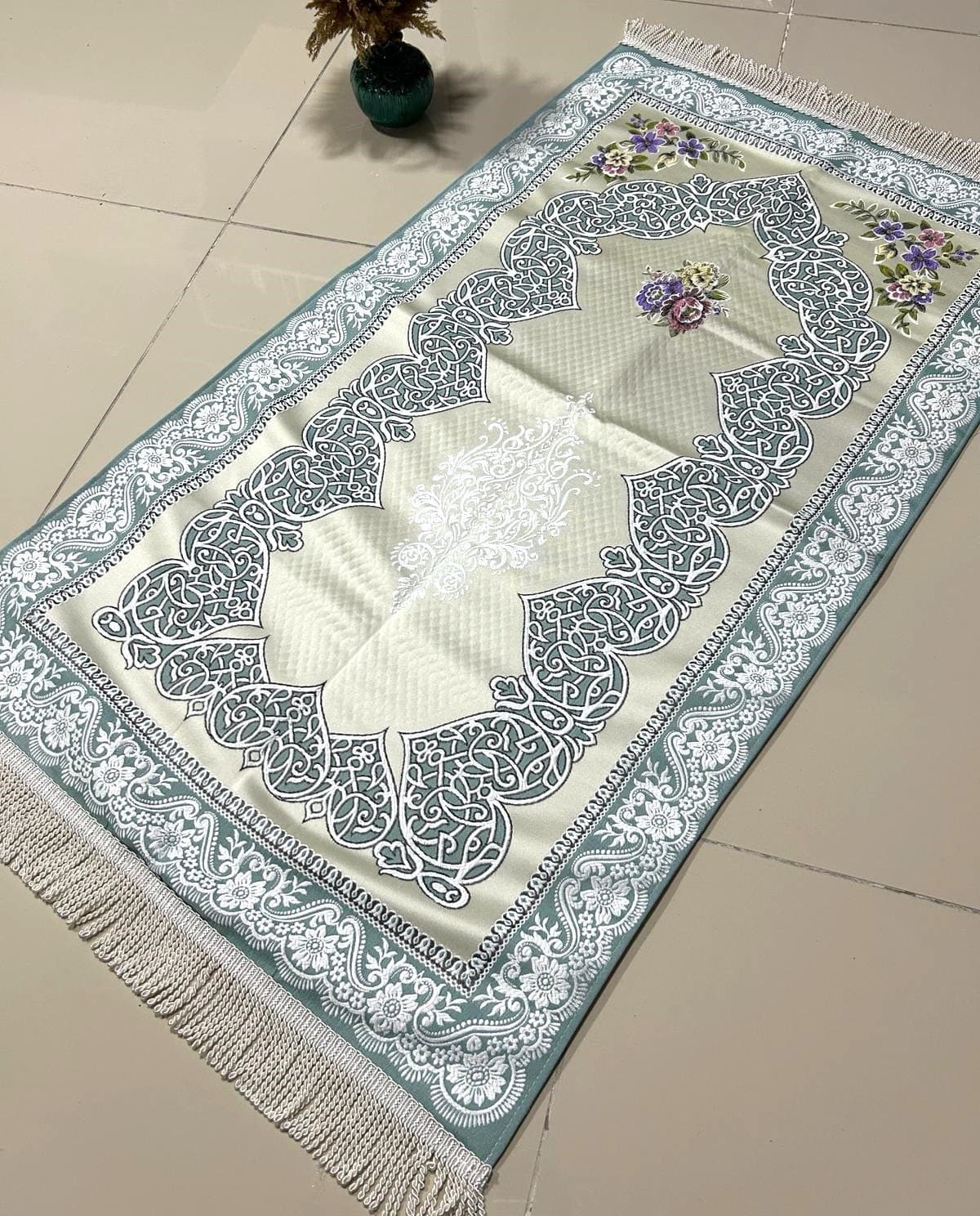 Green Chenille Prayer Mat, Lined Islamic Sajadah, Muslim Gift