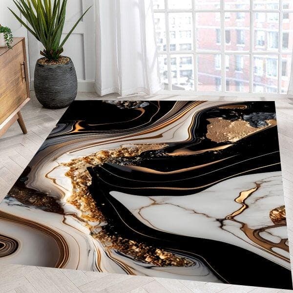 Gold Marble Pattern Rug: Modern Black and White Saloon Rug - image 4