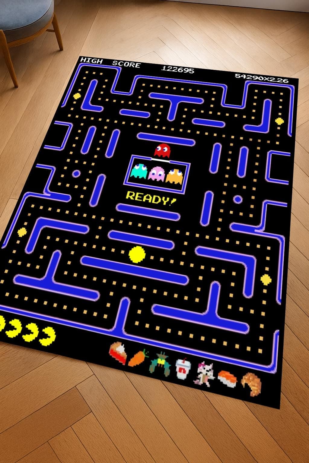 Pac Gaming Area Rug for Retro Arcade and Gamer Room Decor