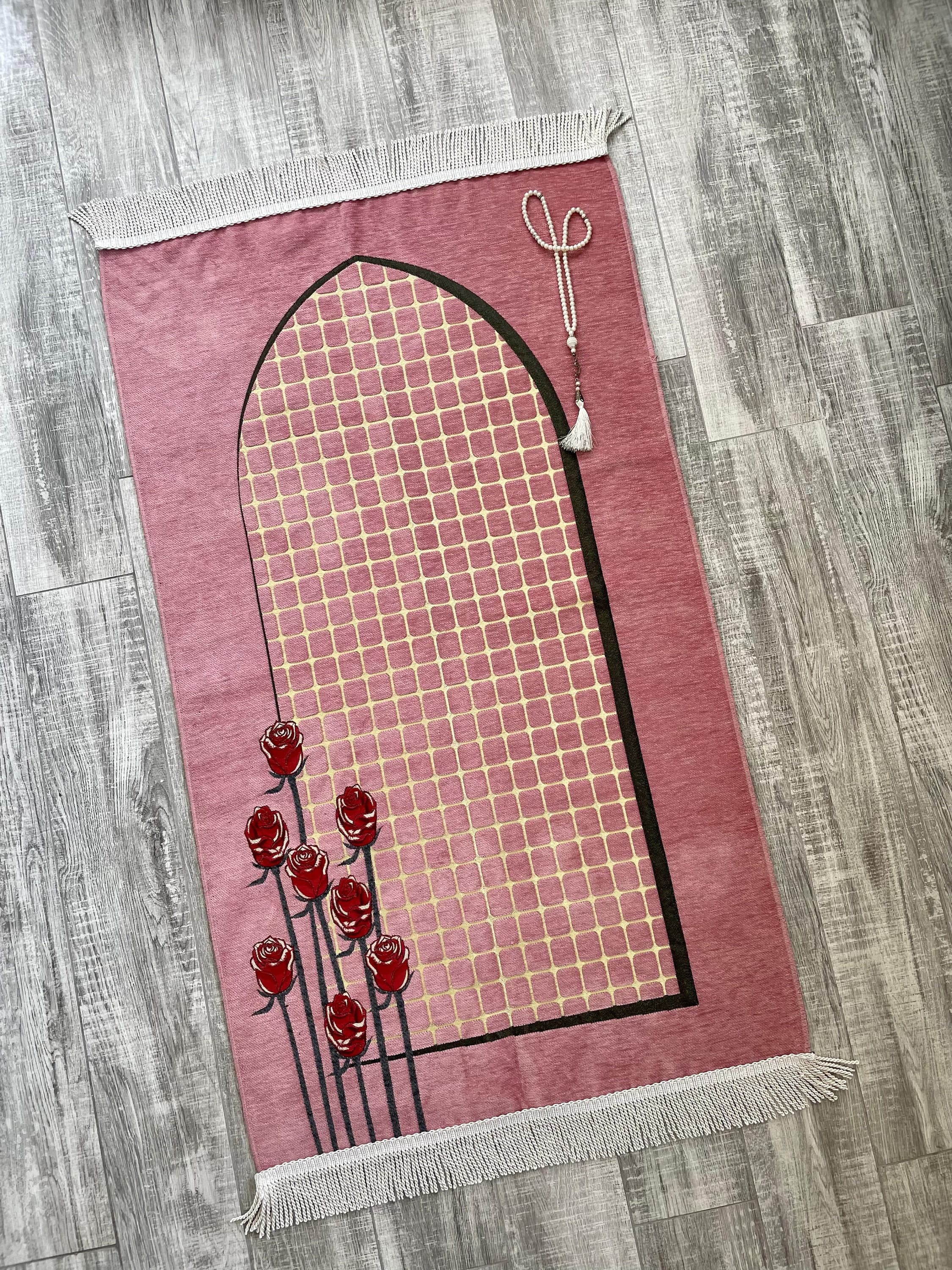 Pink Chenille Prayer Mat: Handwoven Muslim Gift (3.7x2.1 ft) - image 3
