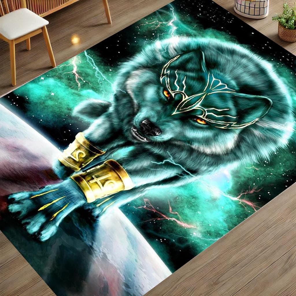 Wolf Pattern Rug: Personalized Animal Design, Non-Slip Cotton Base