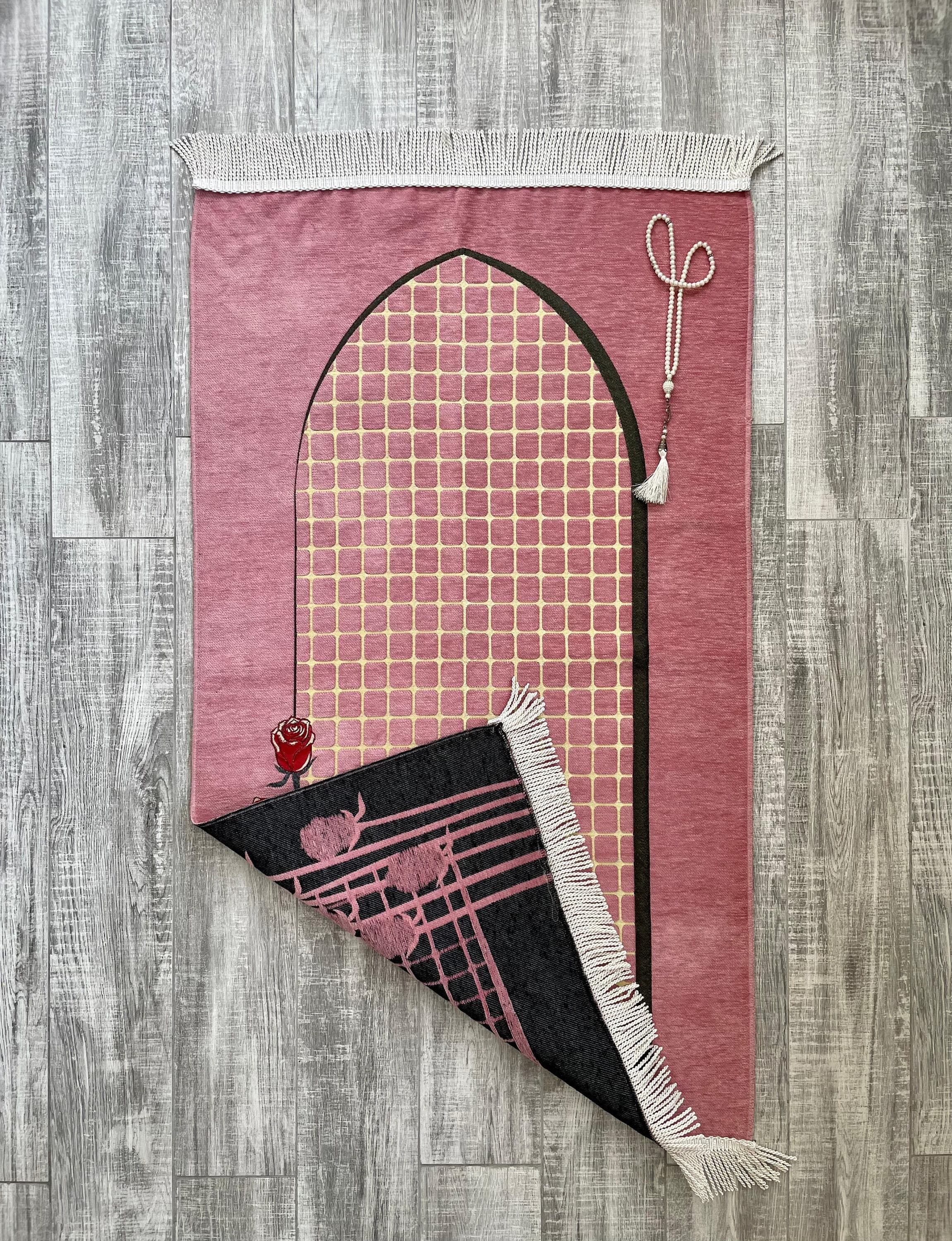 Pink Chenille Prayer Mat: Handwoven Muslim Gift (3.7x2.1 ft) - image 4