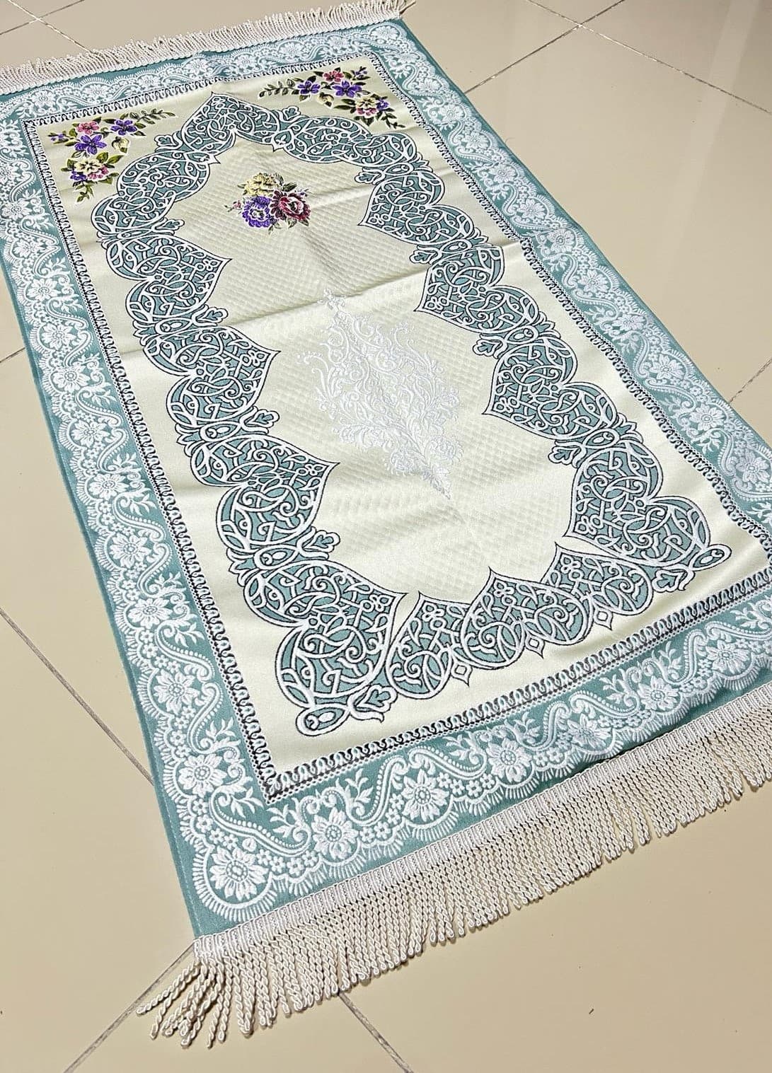 Green Chenille Prayer Mat, Lined Islamic Sajadah, Muslim Gift - image 3