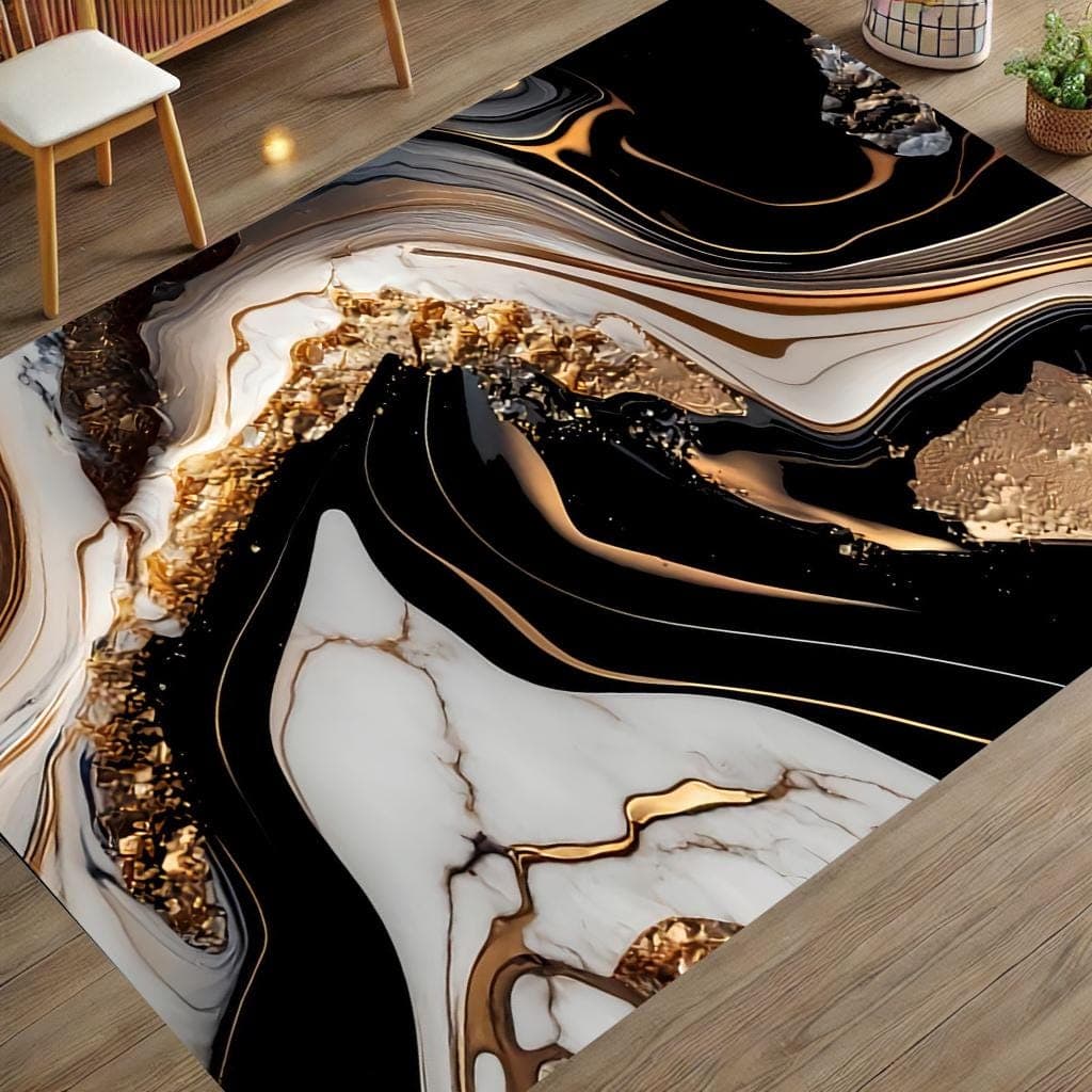 Gold Marble Pattern Rug: Modern Black and White Saloon Rug - image 3
