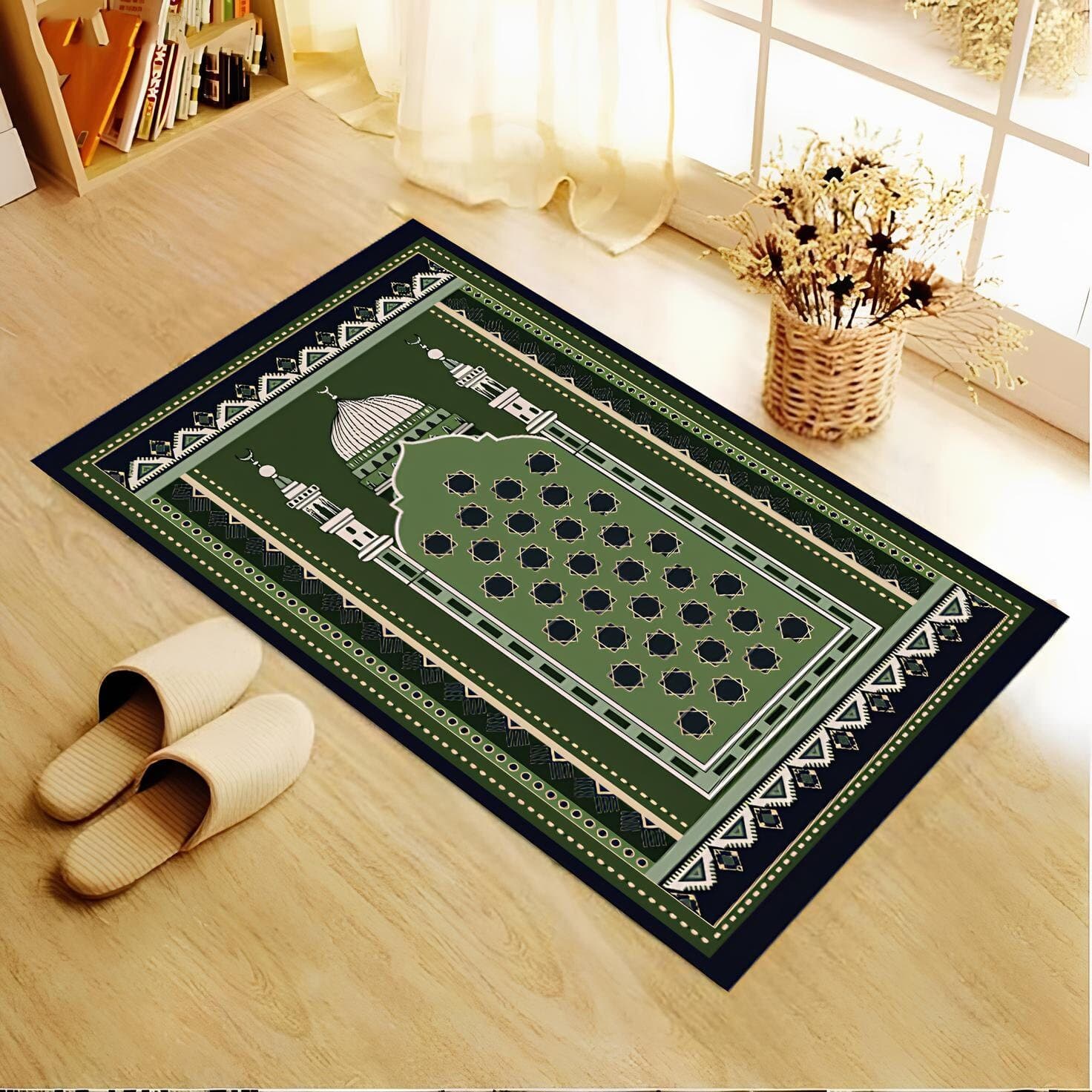 Green Chenille Prayer Rug: Islamic Design, Muslim Gift (67x115cm)