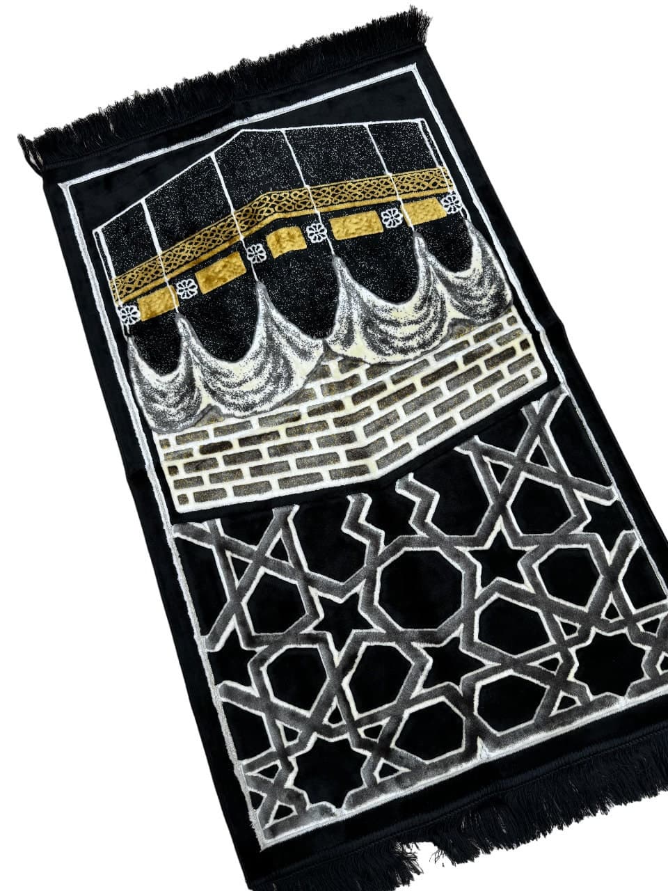 Luxury Velvet Prayer Mat: Handwoven Cotton Chenille, Black Muslim Gift